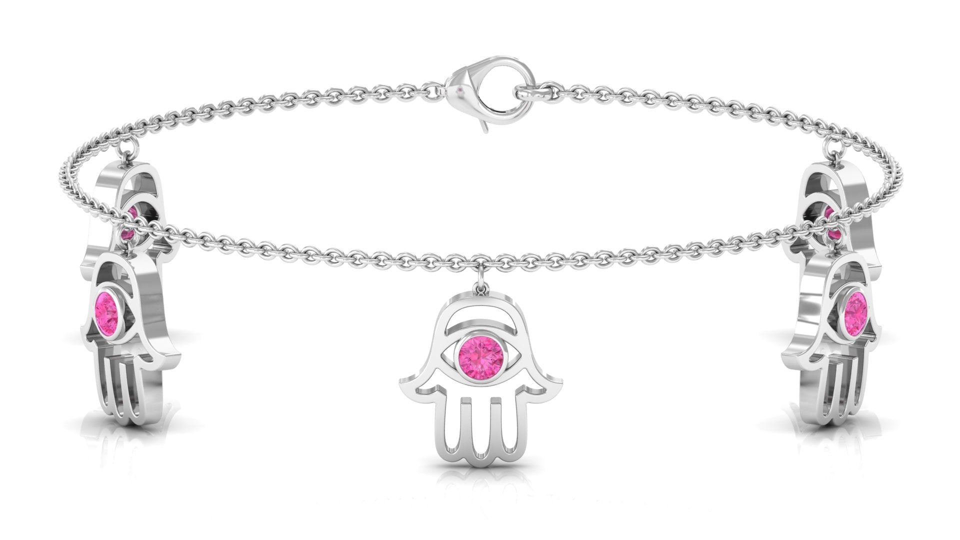 Round Pink Sapphire Hamsa Charm Bracelet Pink Sapphire - ( AAA ) - Quality - Rosec Jewels