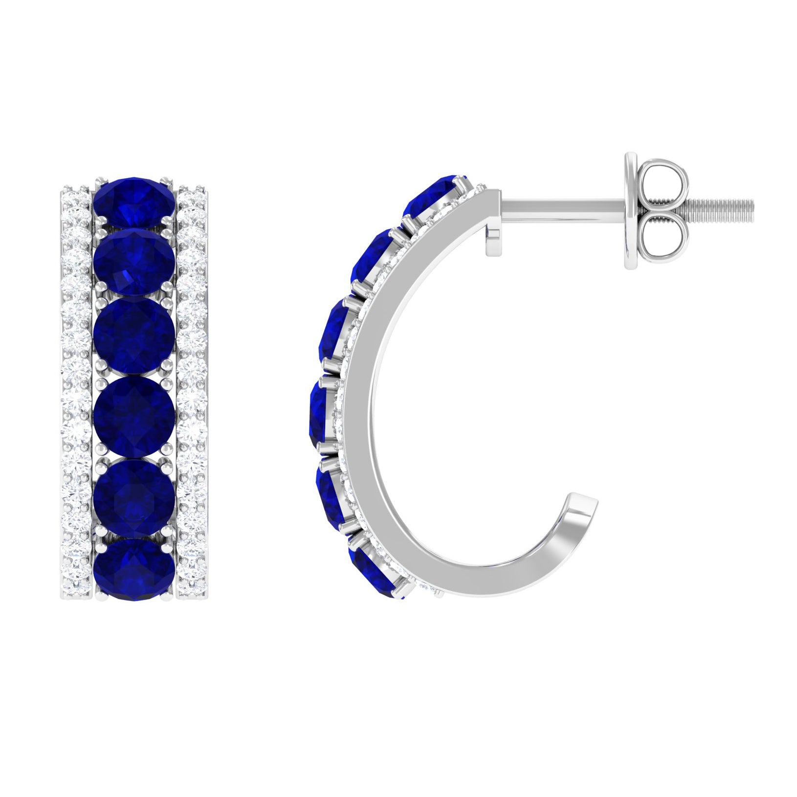 2.25 CT Blue Sapphire and Diamond Half Hoop Earrings Blue Sapphire - ( AAA ) - Quality - Rosec Jewels