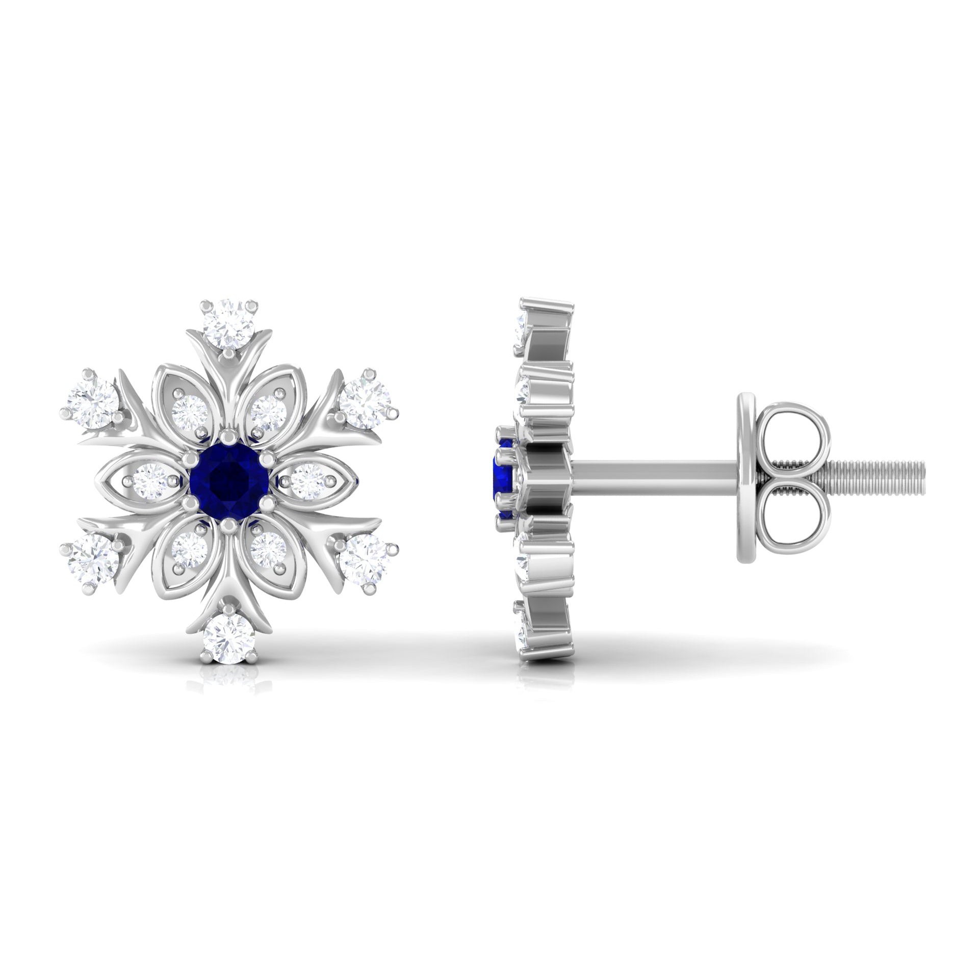 Created Blue Sapphire Snowflake Stud Earrings with Moissanite Lab Created Blue Sapphire - ( AAAA ) - Quality - Rosec Jewels