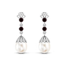 Real Freshwater Pearl and Garnet Dangle Earrings with Moissanite Freshwater Pearl - ( AAA ) - Quality - Rosec Jewels