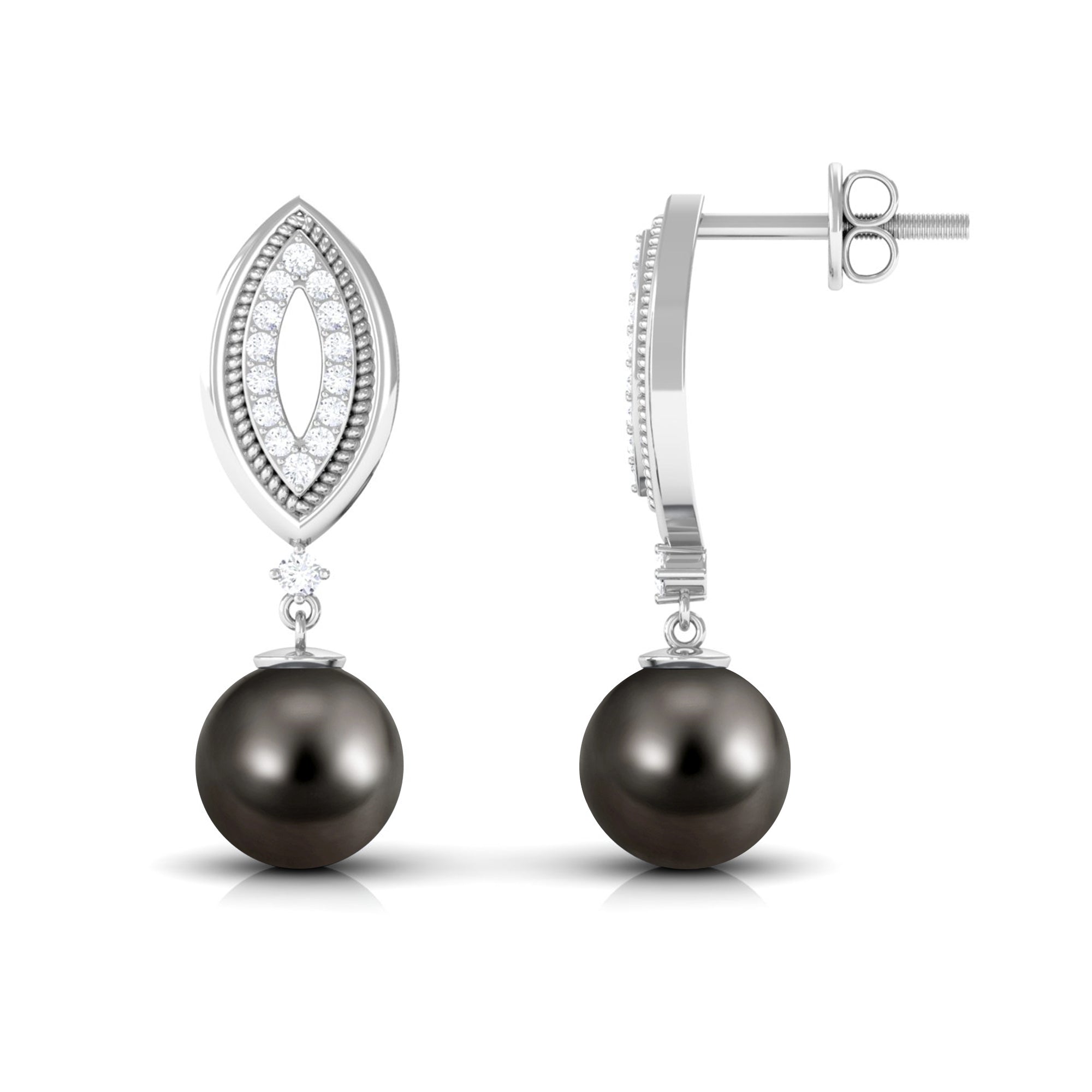 Classic Tahitian Pearl Drop Earrings with Diamonds Tahitian pearl - ( AAA ) - Quality - Rosec Jewels