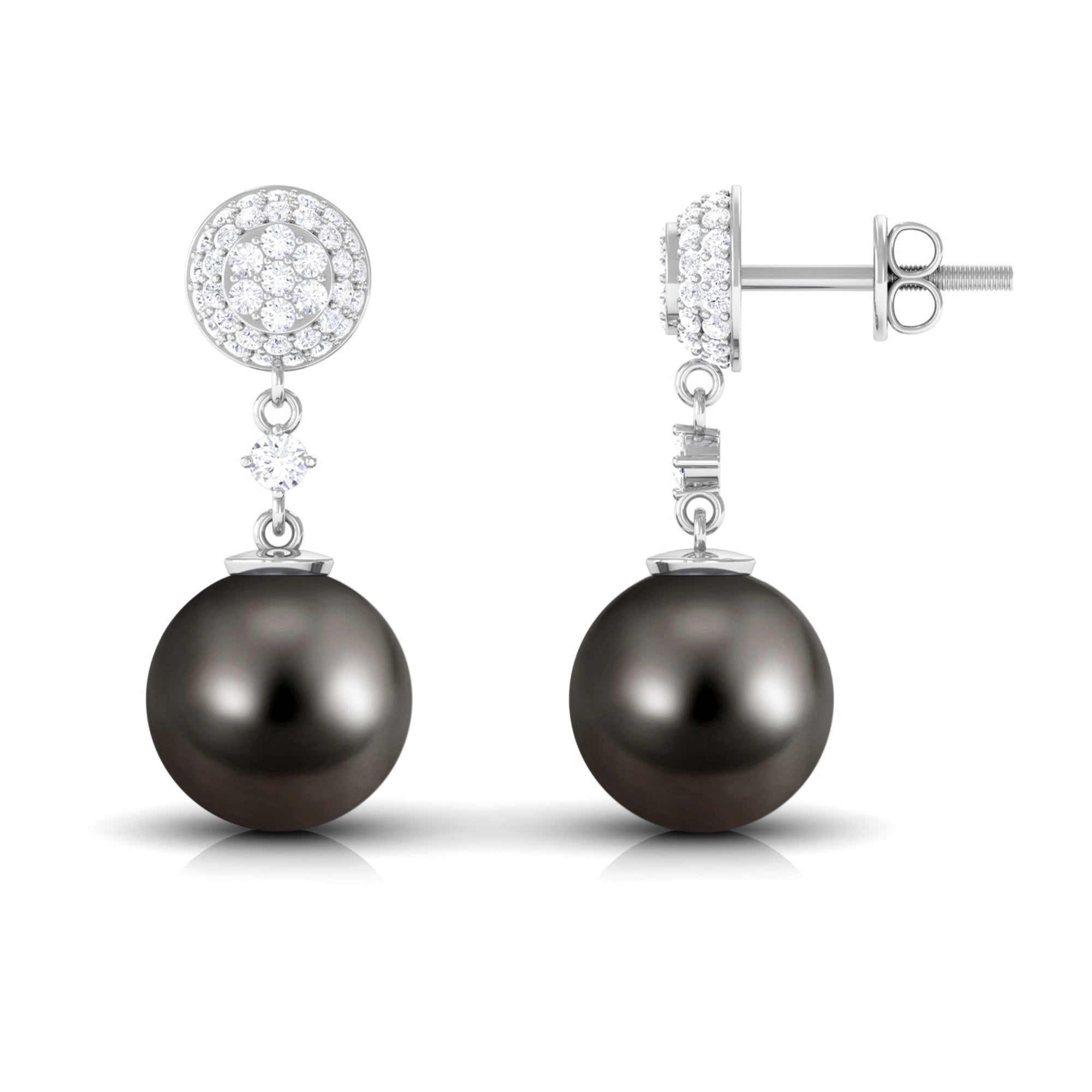 Natural Tahitian Pearl Dangle Earrings with Diamond Tahitian pearl - ( AAA ) - Quality - Rosec Jewels