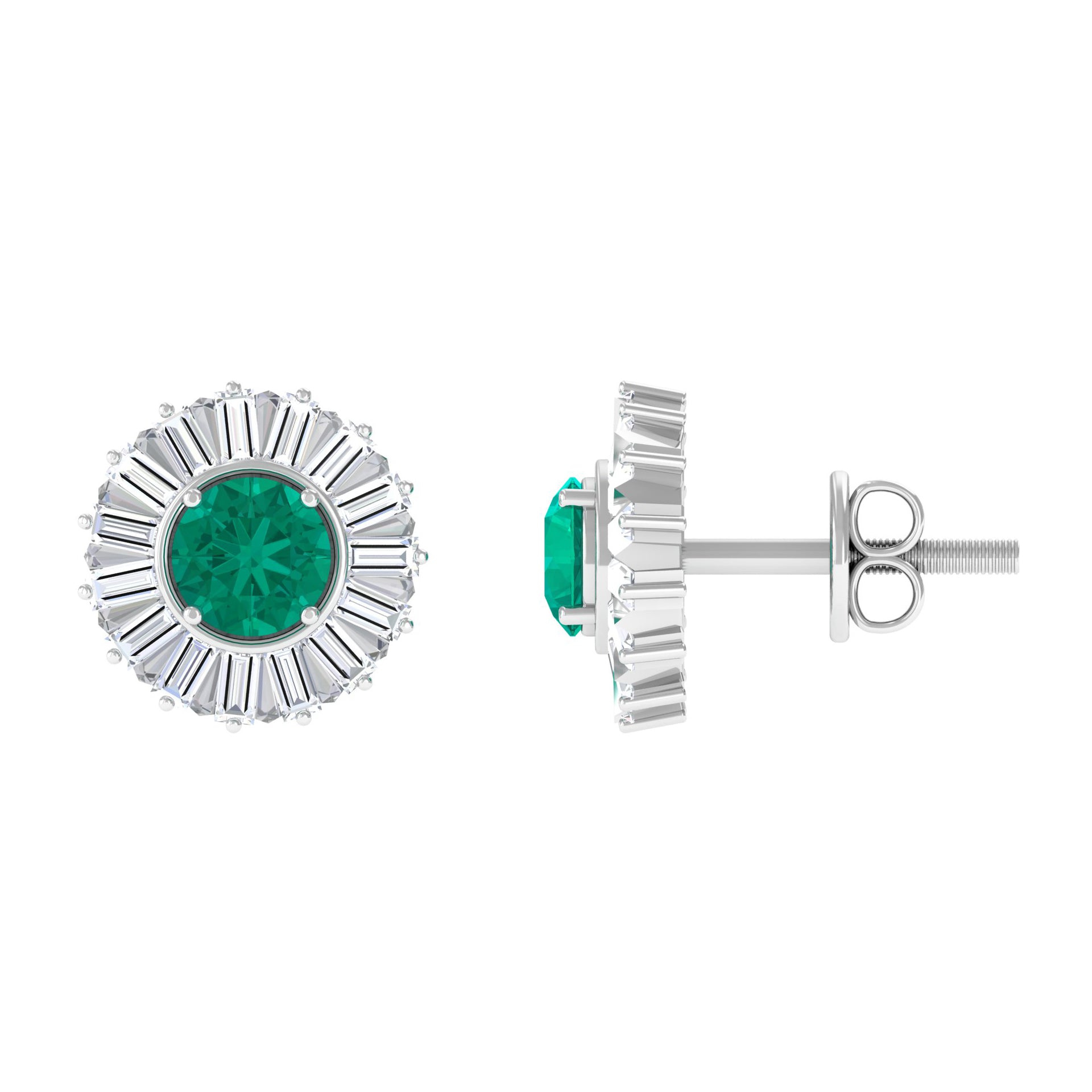 1 CT Prong Set Emerald Stud Earrings with Baguette Diamond Halo Emerald - ( AAA ) - Quality - Rosec Jewels