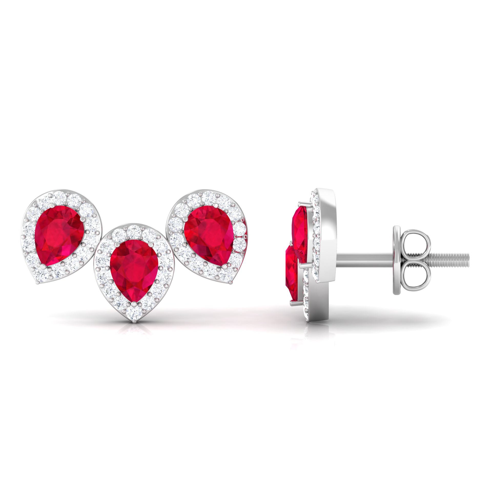 1.75 CT Created Ruby and Diamond Halo 3 Stone Earrings Lab Created Ruby - ( AAAA ) - Quality - Rosec Jewels