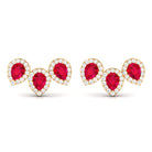 1.75 CT Created Ruby and Diamond Halo 3 Stone Earrings Lab Created Ruby - ( AAAA ) - Quality - Rosec Jewels