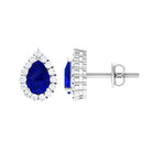 Pear Shape Lab Grown Blue Sapphire Stud Earrings with Diamond Halo Lab Created Blue Sapphire - ( AAAA ) - Quality - Rosec Jewels