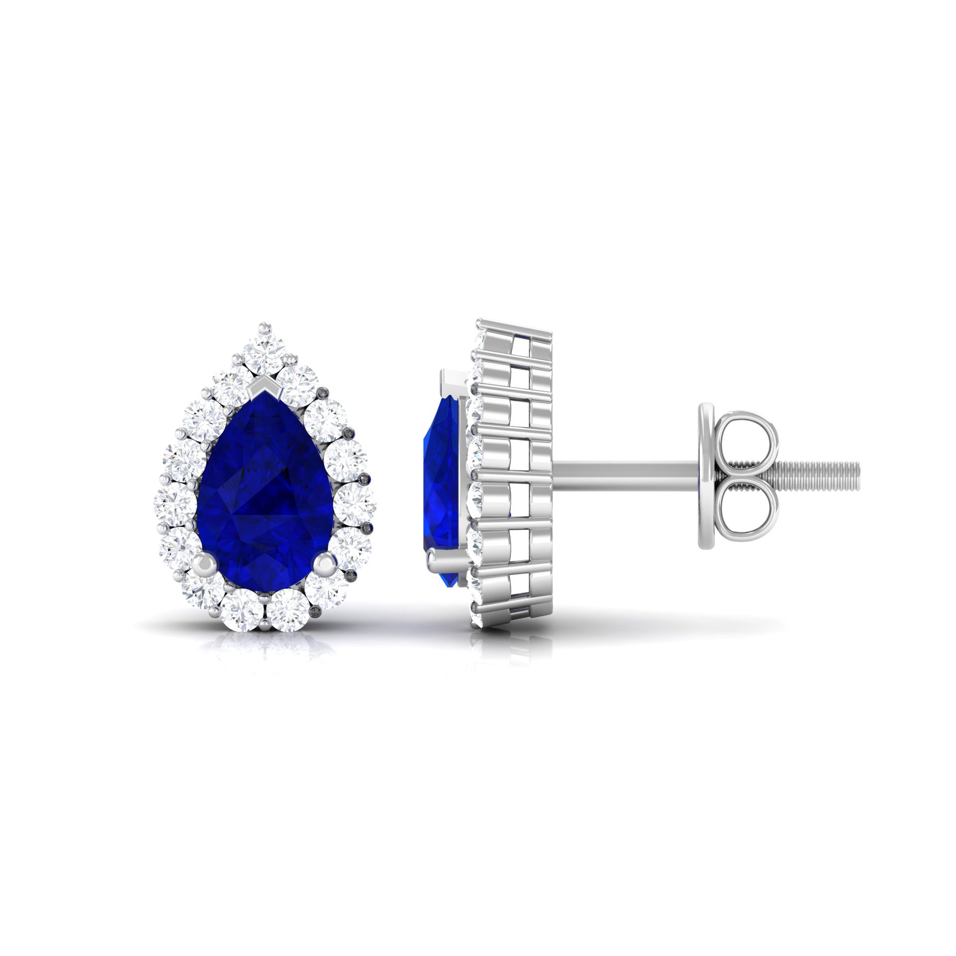 Pear Shape Lab Grown Blue Sapphire Stud Earrings with Diamond Halo Lab Created Blue Sapphire - ( AAAA ) - Quality - Rosec Jewels