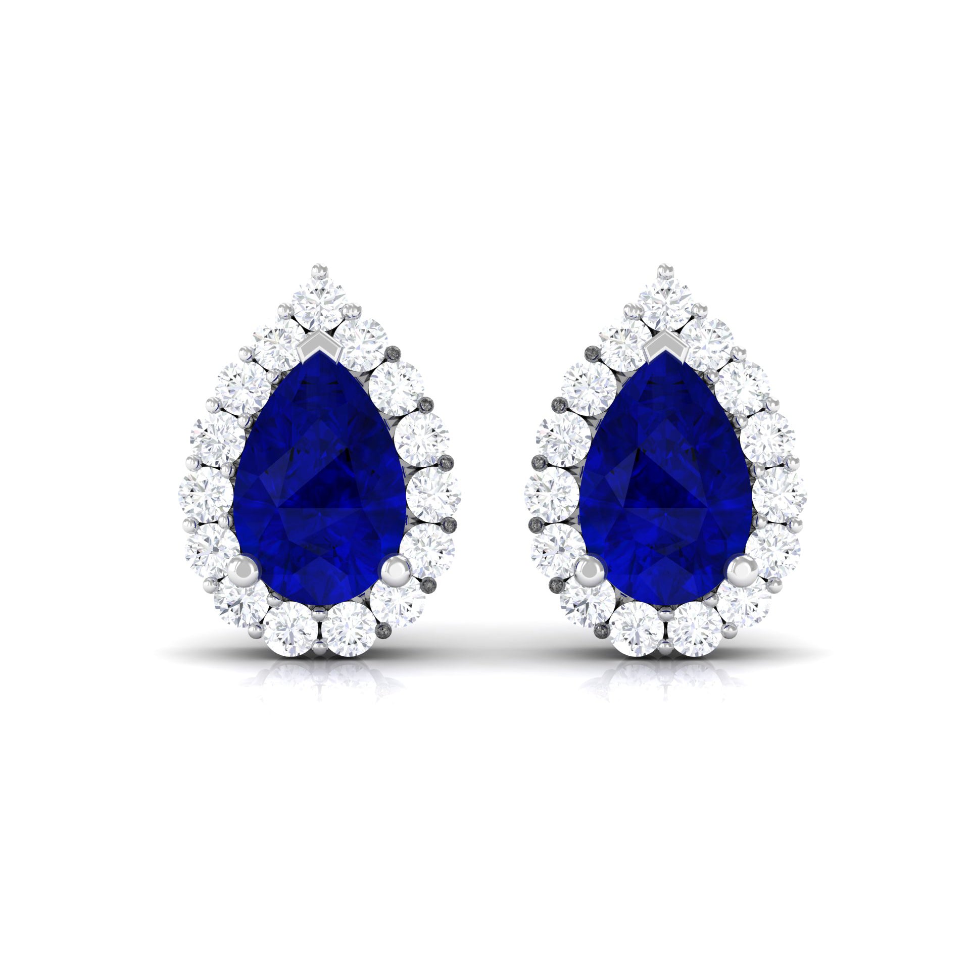 Pear Shape Lab Grown Blue Sapphire Stud Earrings with Diamond Halo Lab Created Blue Sapphire - ( AAAA ) - Quality - Rosec Jewels