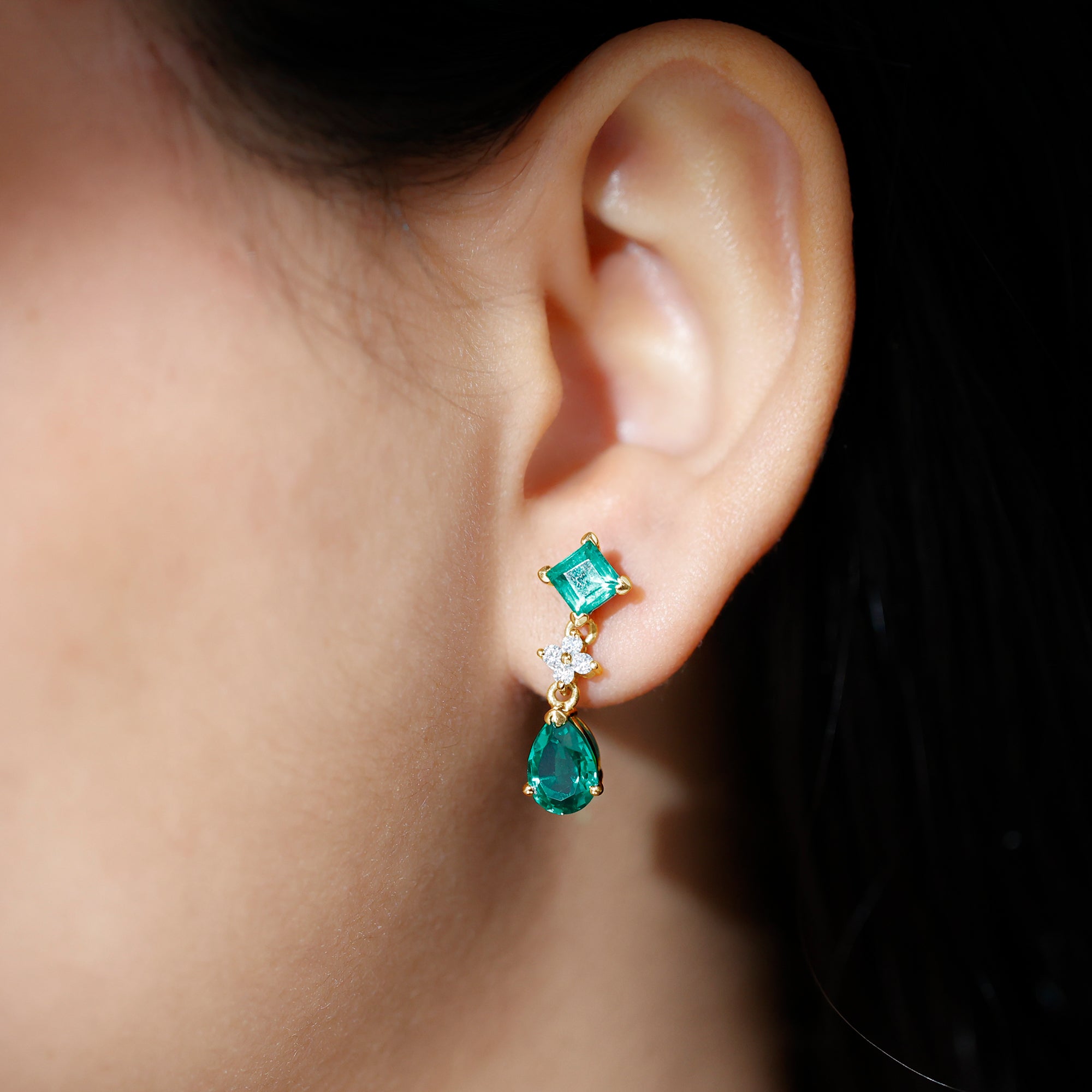 3.5 CT Created Emerald and Moissanite Bridal Dangle Earrings in Gold Lab Created Emerald - ( AAAA ) - Quality - Rosec Jewels