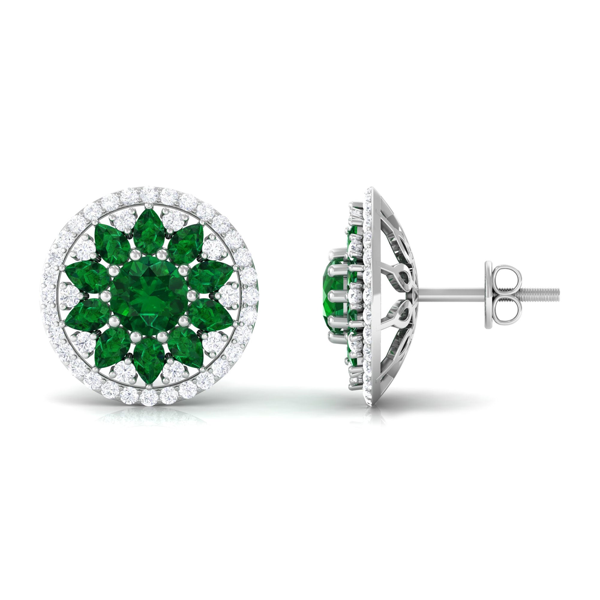 6 CT Created Emerald Statement Stud Earrings with Moissanite Lab Created Emerald - ( AAAA ) - Quality - Rosec Jewels