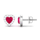 Heart Shape Ruby Stud Earrings with Diamond Halo Ruby - ( AAA ) - Quality - Rosec Jewels