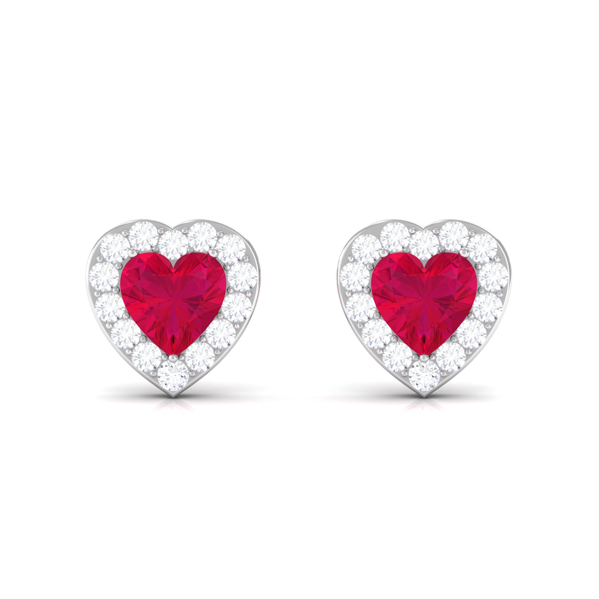 Heart Shape Ruby Stud Earrings with Diamond Halo Ruby - ( AAA ) - Quality - Rosec Jewels