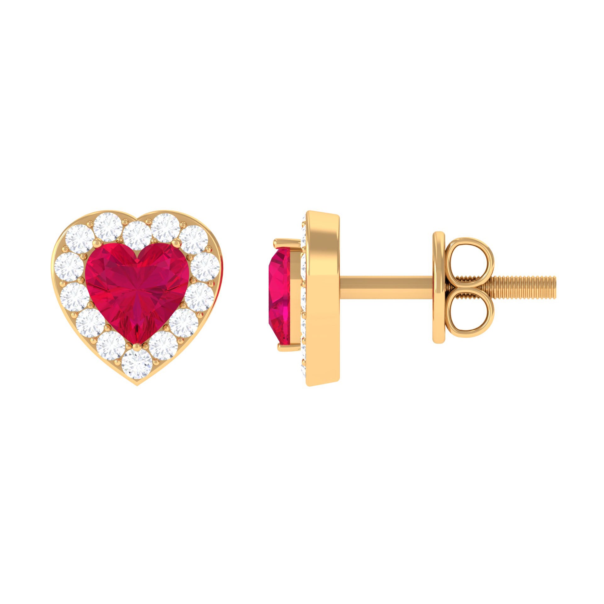 Heart Shape Ruby Stud Earrings with Diamond Halo Ruby - ( AAA ) - Quality - Rosec Jewels