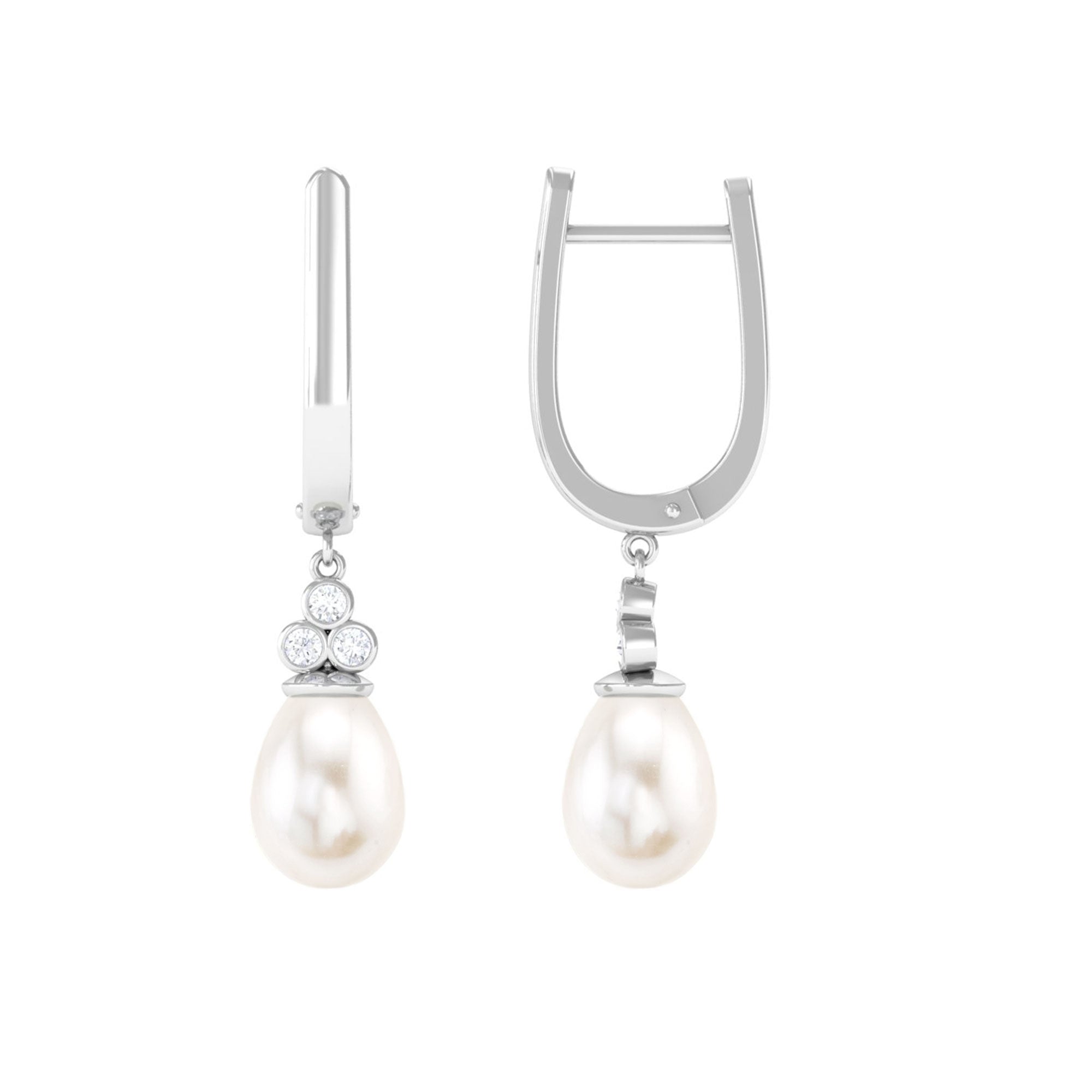 Freshwater Pearl Teardrop Latch Back Earrings with Diamond Freshwater Pearl - ( AAA ) - Quality - Rosec Jewels