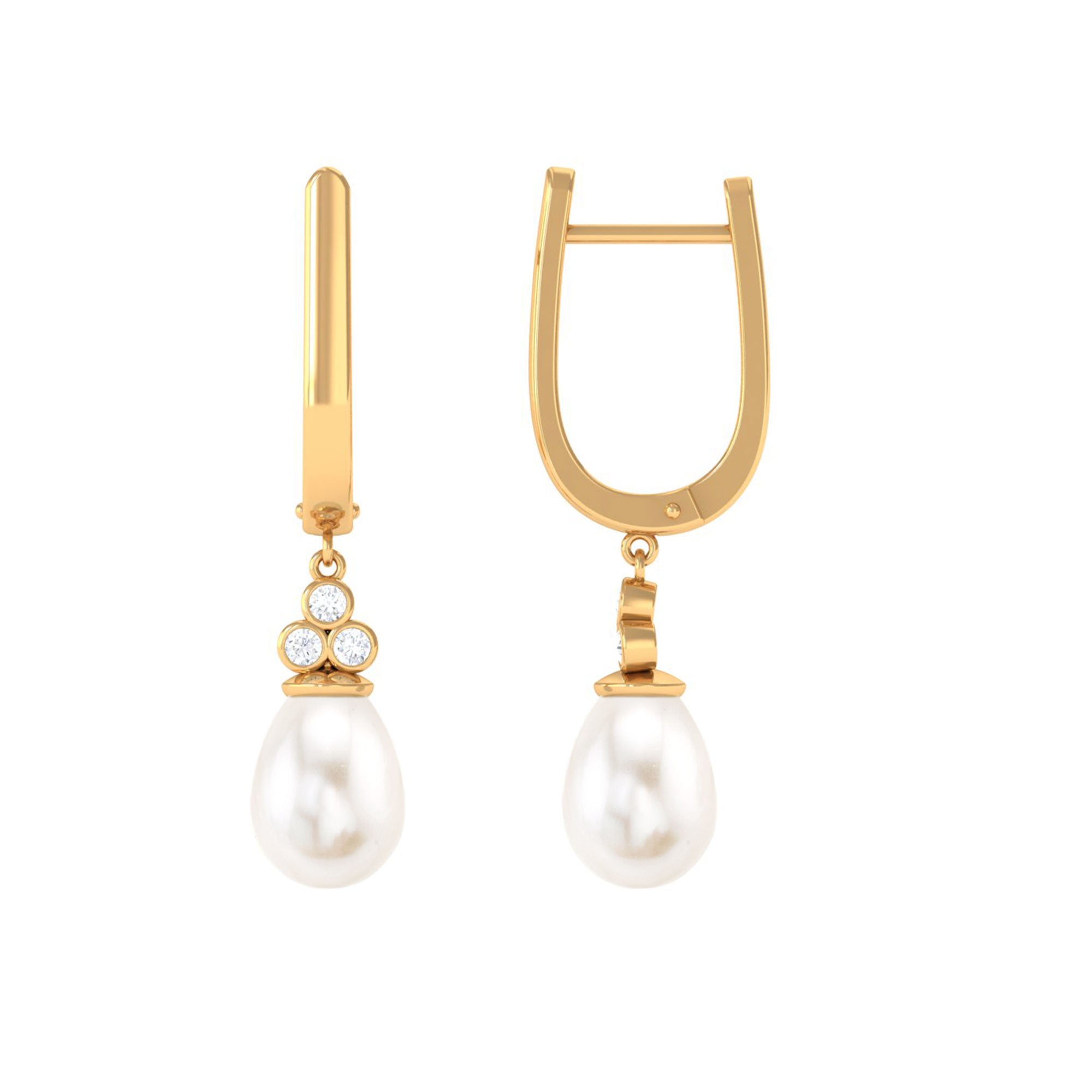 Freshwater Pearl Teardrop Latch Back Earrings with Diamond Freshwater Pearl - ( AAA ) - Quality - Rosec Jewels