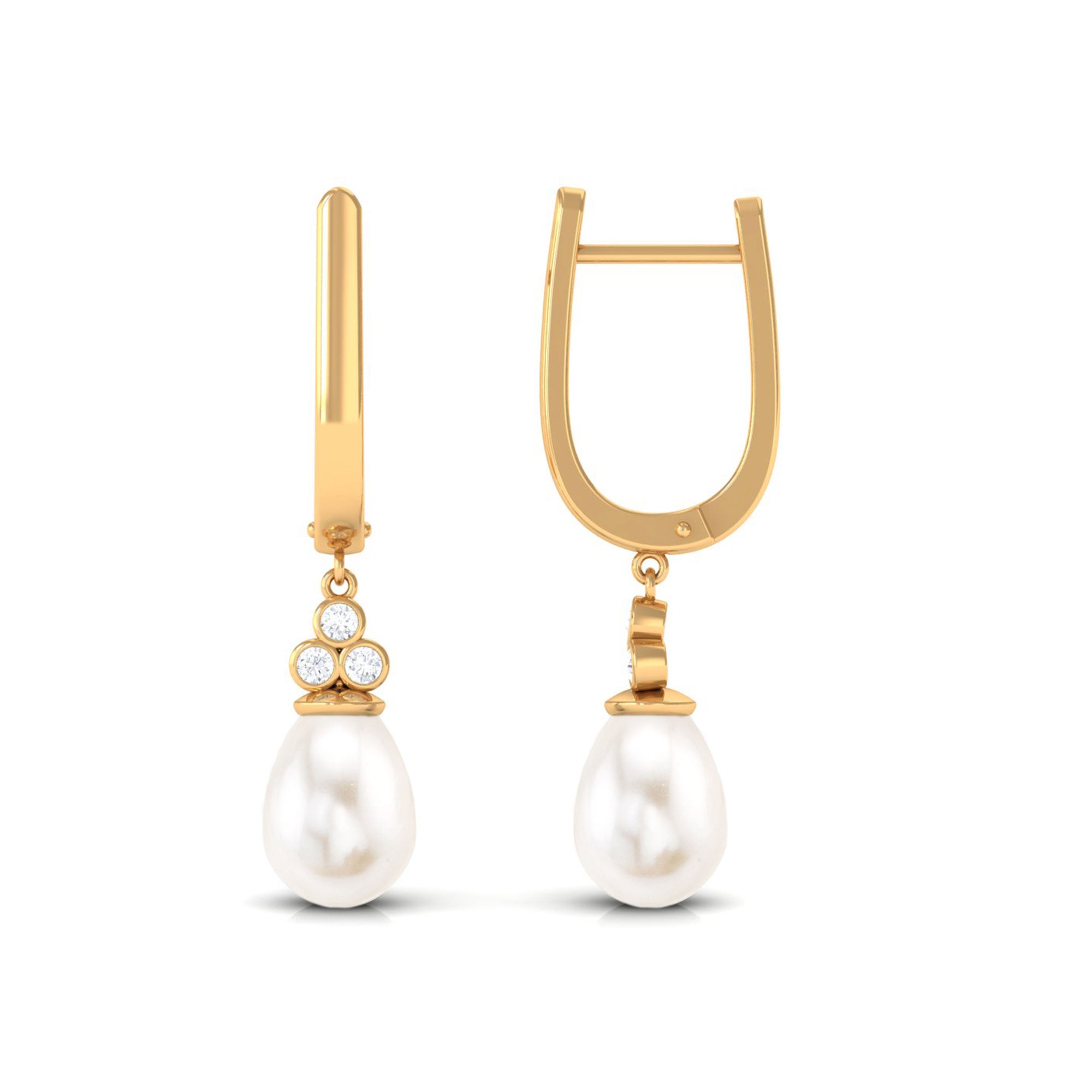 Freshwater Pearl Teardrop Latch Back Earrings with Diamond Freshwater Pearl - ( AAA ) - Quality - Rosec Jewels