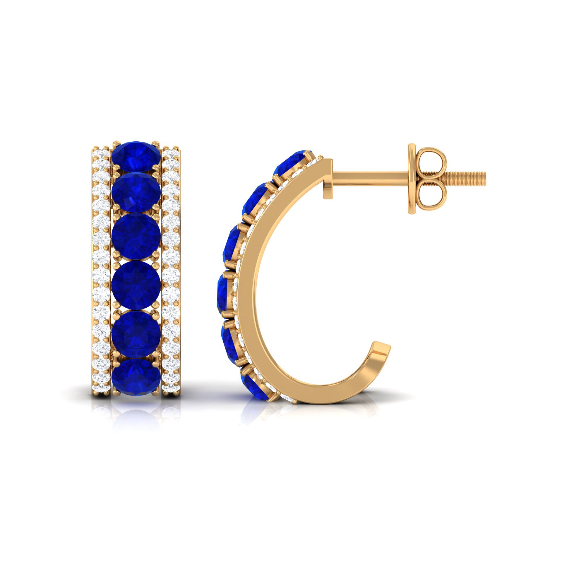 2 CT Created Blue Sapphire and Diamond J Hoop Earrings Lab Created Blue Sapphire - ( AAAA ) - Quality - Rosec Jewels