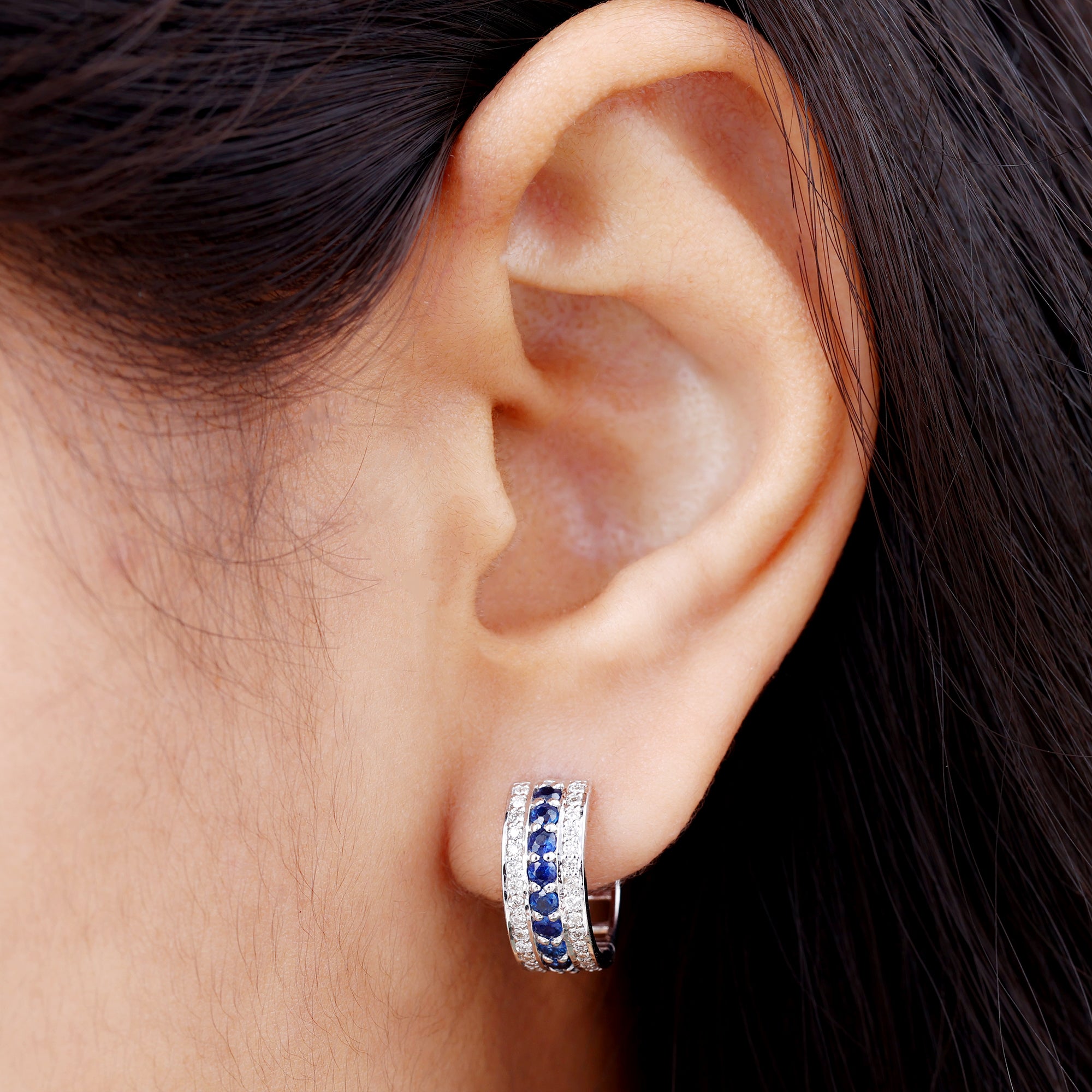 1.50 CT Blue Sapphire and Diamond Statement Hoop Earrings Blue Sapphire - ( AAA ) - Quality - Rosec Jewels