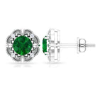 Natural Emerald Art Deco Earrings with Diamond Emerald - ( AAA ) - Quality - Rosec Jewels