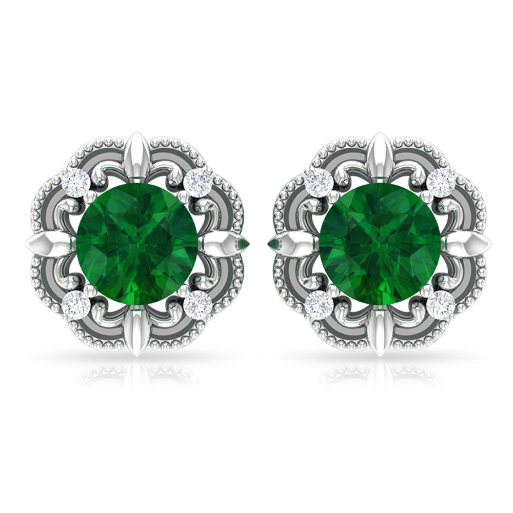 Natural Emerald Art Deco Earrings with Diamond Emerald - ( AAA ) - Quality - Rosec Jewels