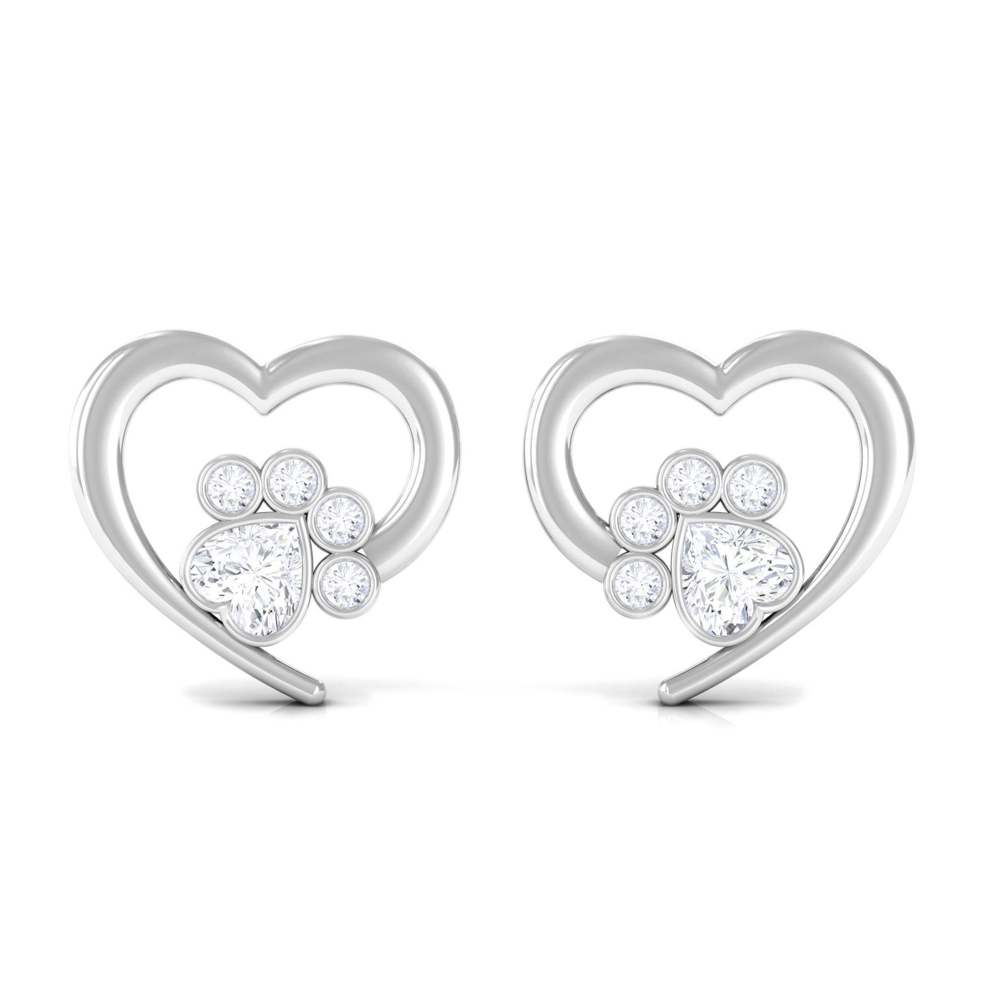 1/4 CT Bezel Set Zircon Cute Paw Stud Earrings with Gold Heart Zircon - ( AAAA ) - Quality - Rosec Jewels