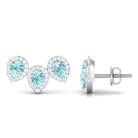 1 CT Pear Cut Aquamarine Three Stone Stud Earring with Diamond Halo Aquamarine - ( AAA ) - Quality - Rosec Jewels