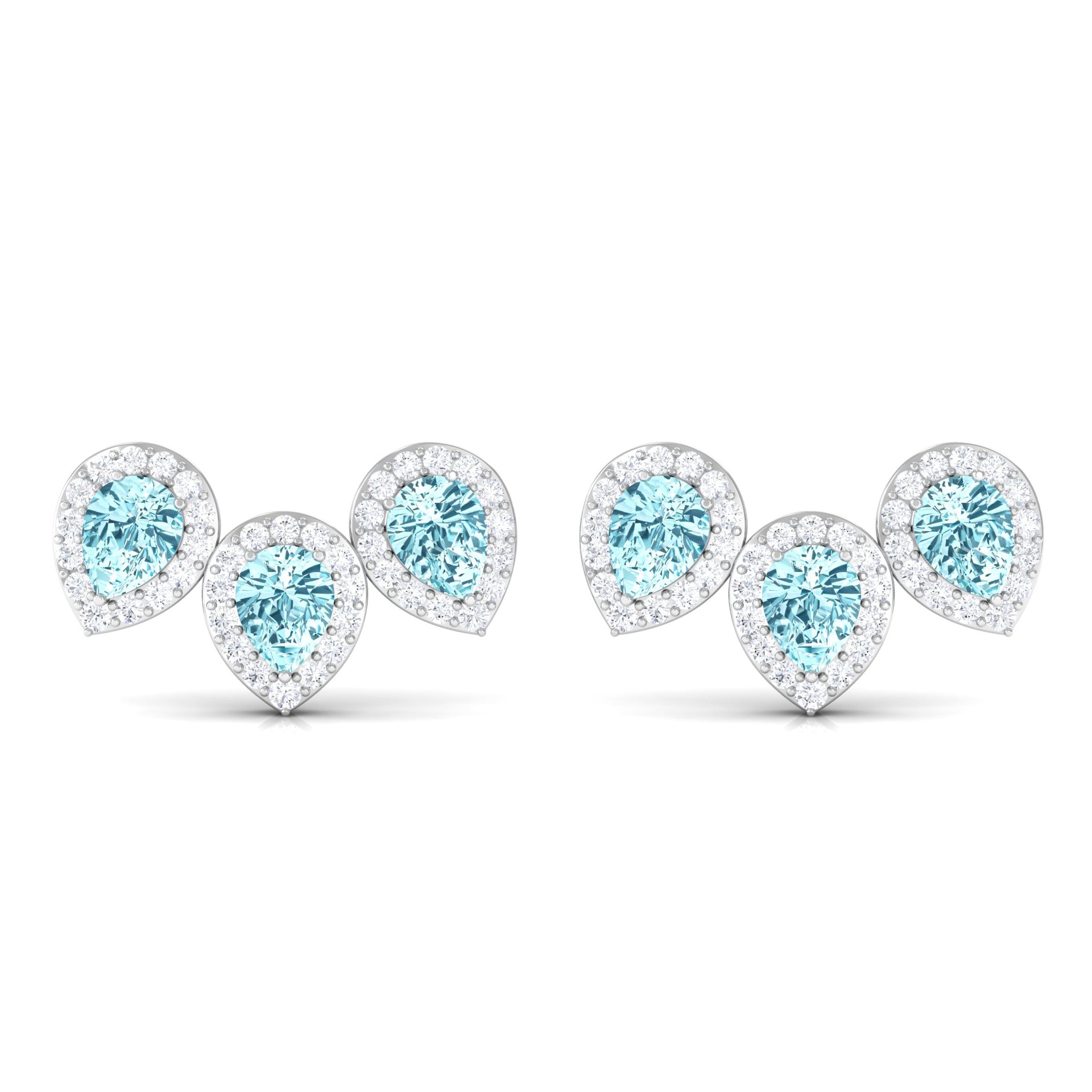 1 CT Pear Cut Aquamarine Three Stone Stud Earring with Diamond Halo Aquamarine - ( AAA ) - Quality - Rosec Jewels