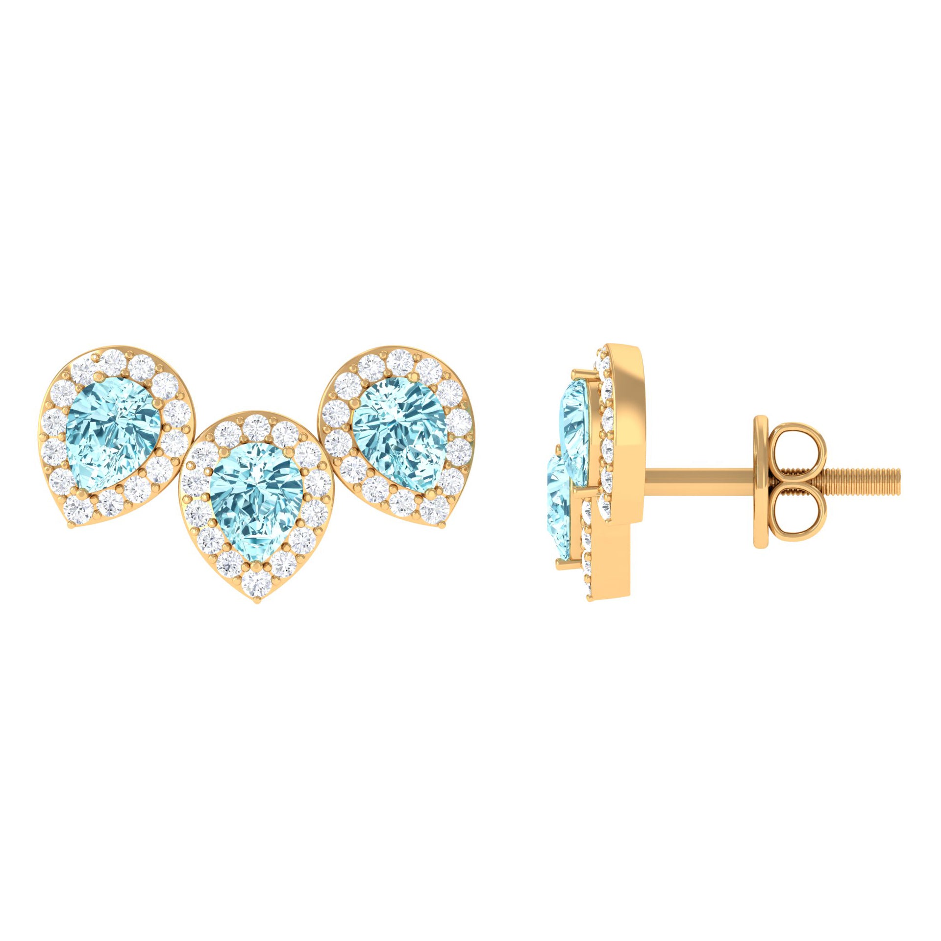 1 CT Pear Cut Aquamarine Three Stone Stud Earring with Diamond Halo Aquamarine - ( AAA ) - Quality - Rosec Jewels