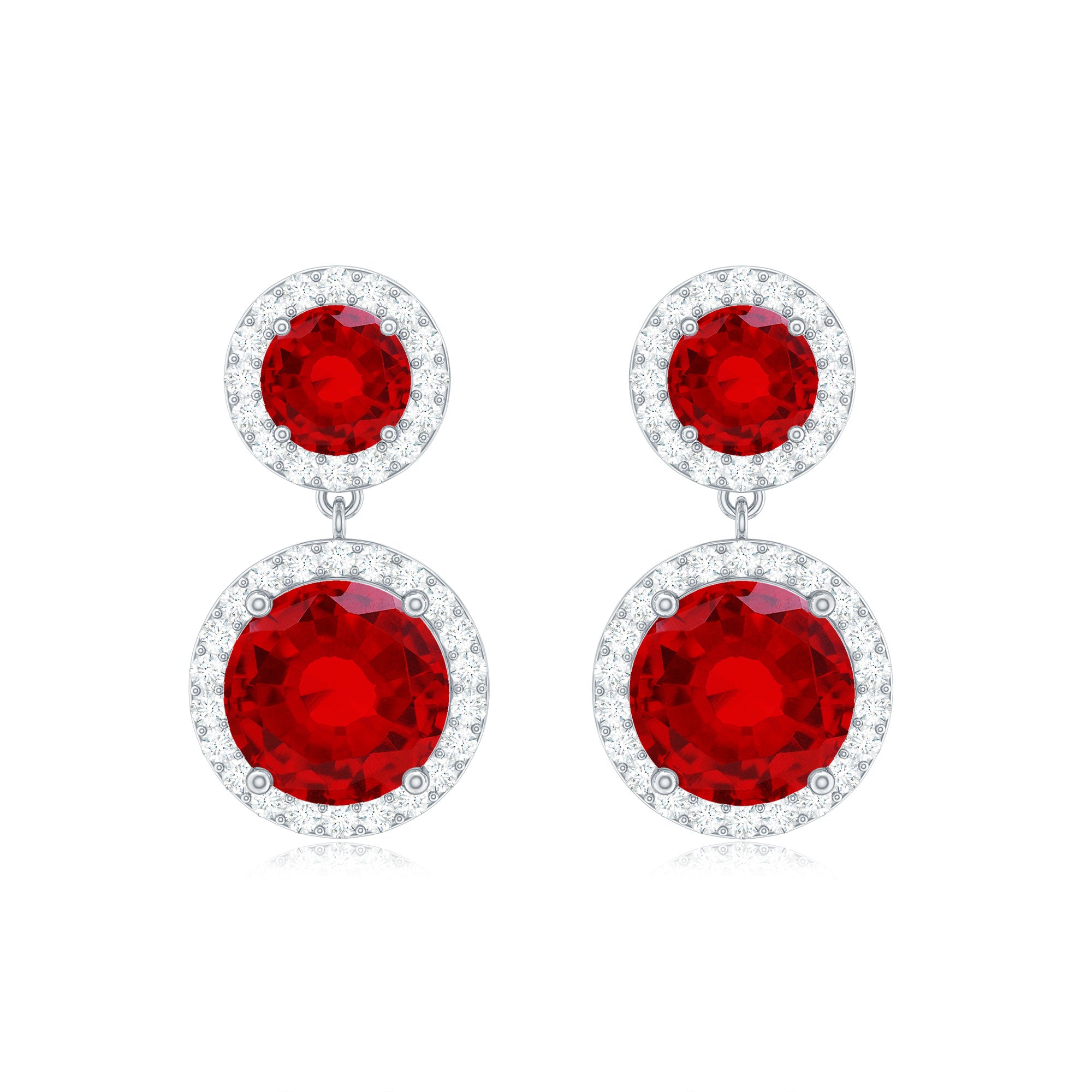 Certified Created Ruby and Diamond Halo Dangle Earrings Lab Created Ruby - ( AAAA ) - Quality - Rosec Jewels