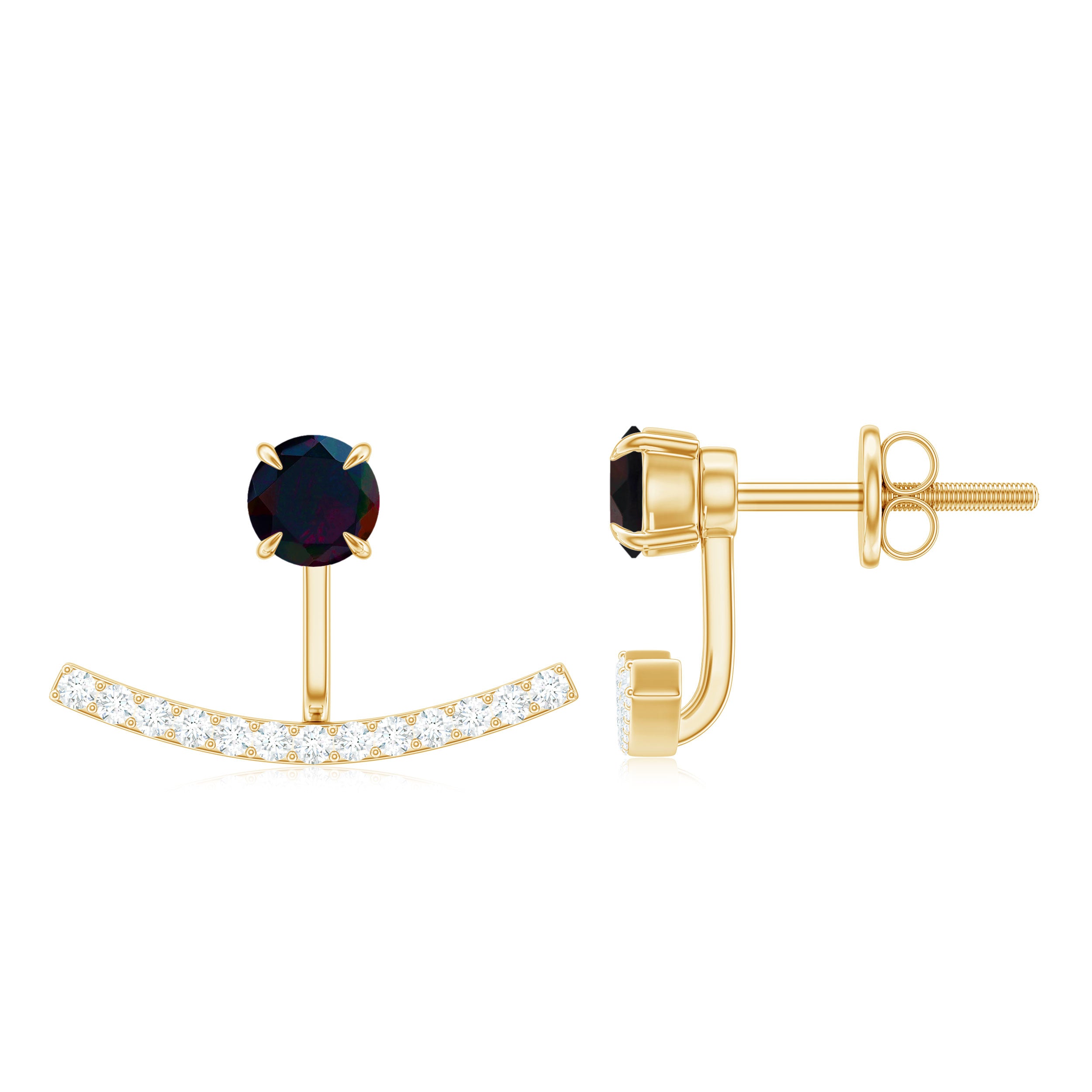 Classic Jacket Earrings with Black Opal and Diamond Black Opal - ( AAA ) - Quality - Rosec Jewels