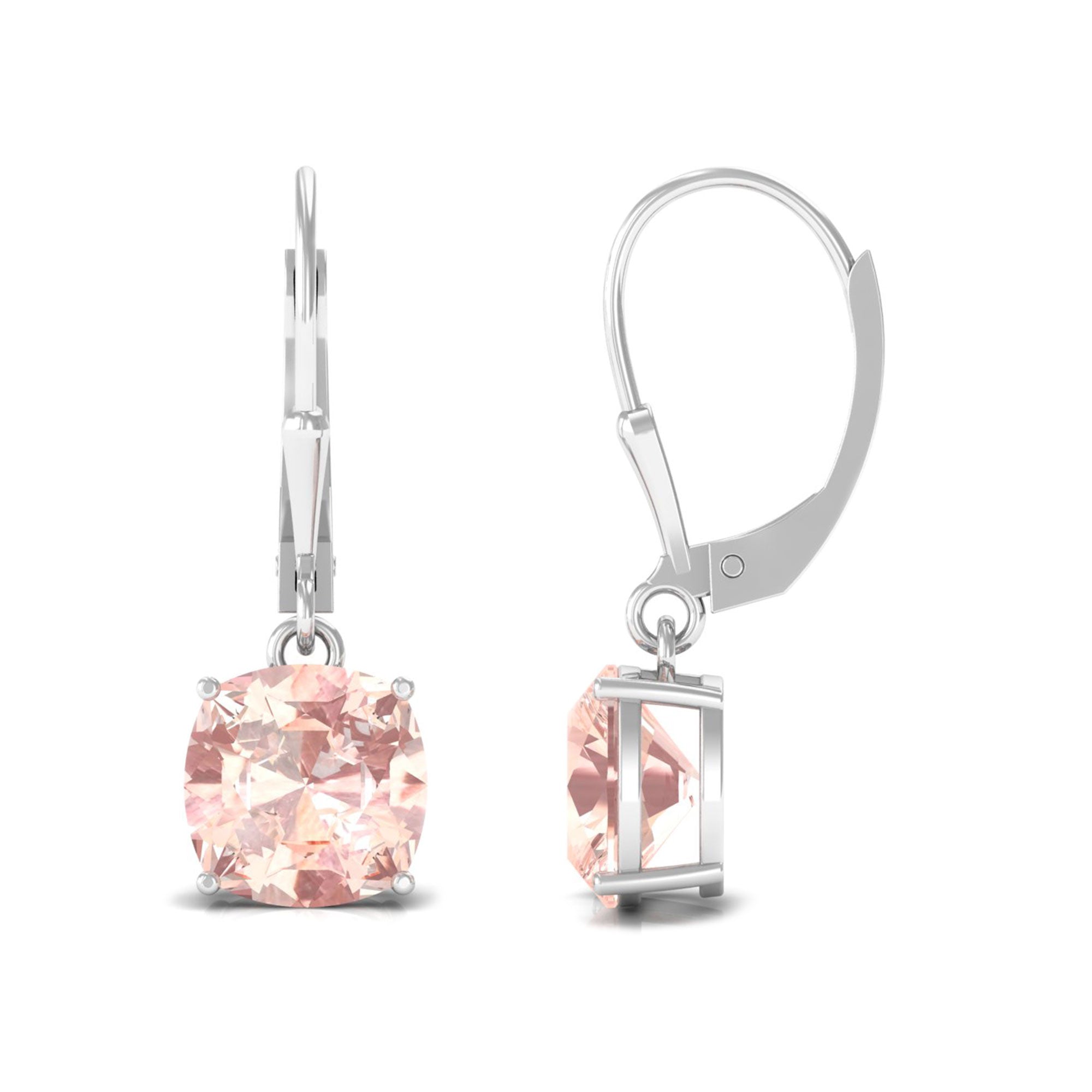 8 MM Cushion Cut Morganite Solitaire Drop Earrings with Lever Back Morganite - ( AAA ) - Quality - Rosec Jewels