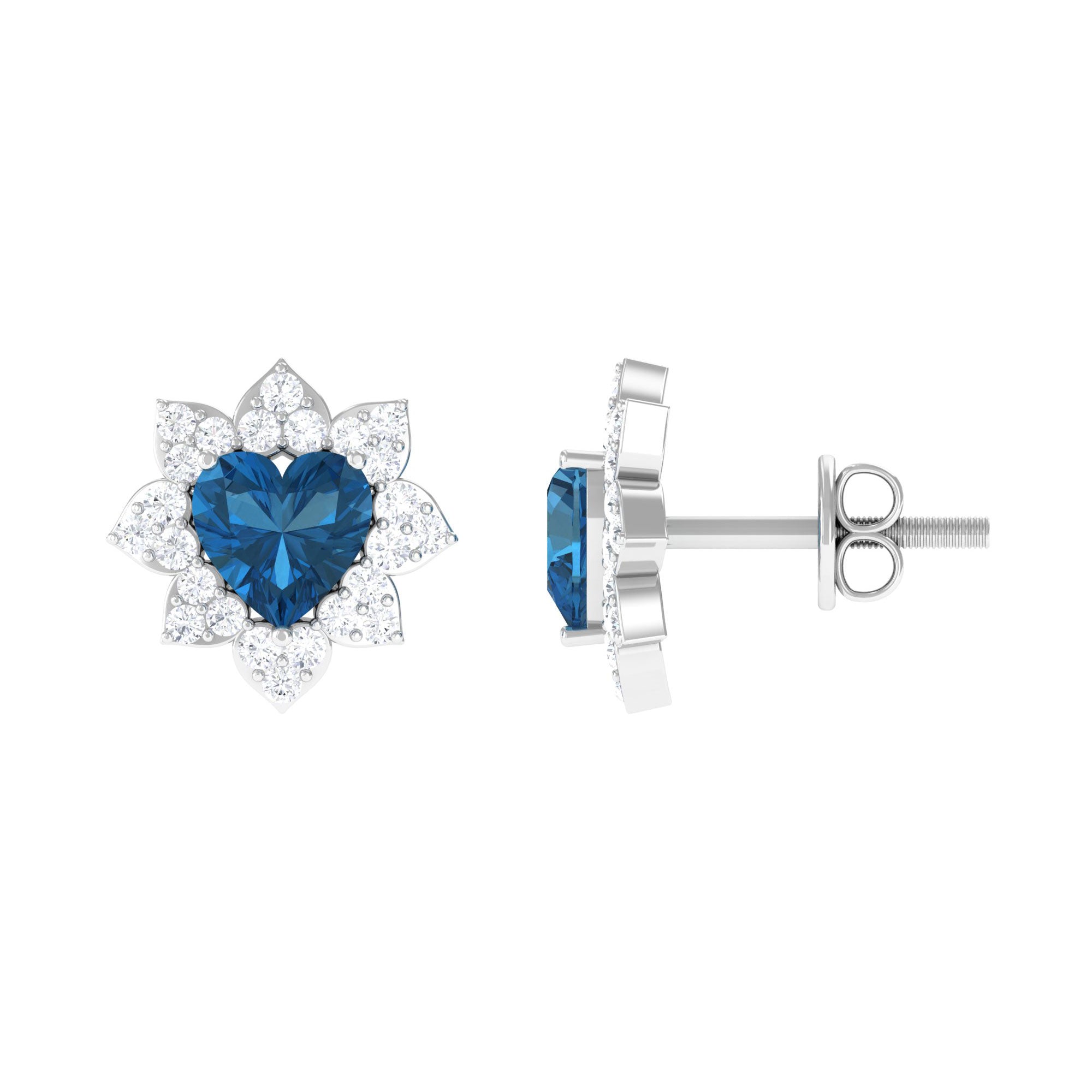 1.50 CT Heart Shape London Blue Topaz and Diamond Halo Stud Earrings London Blue Topaz - ( AAA ) - Quality - Rosec Jewels