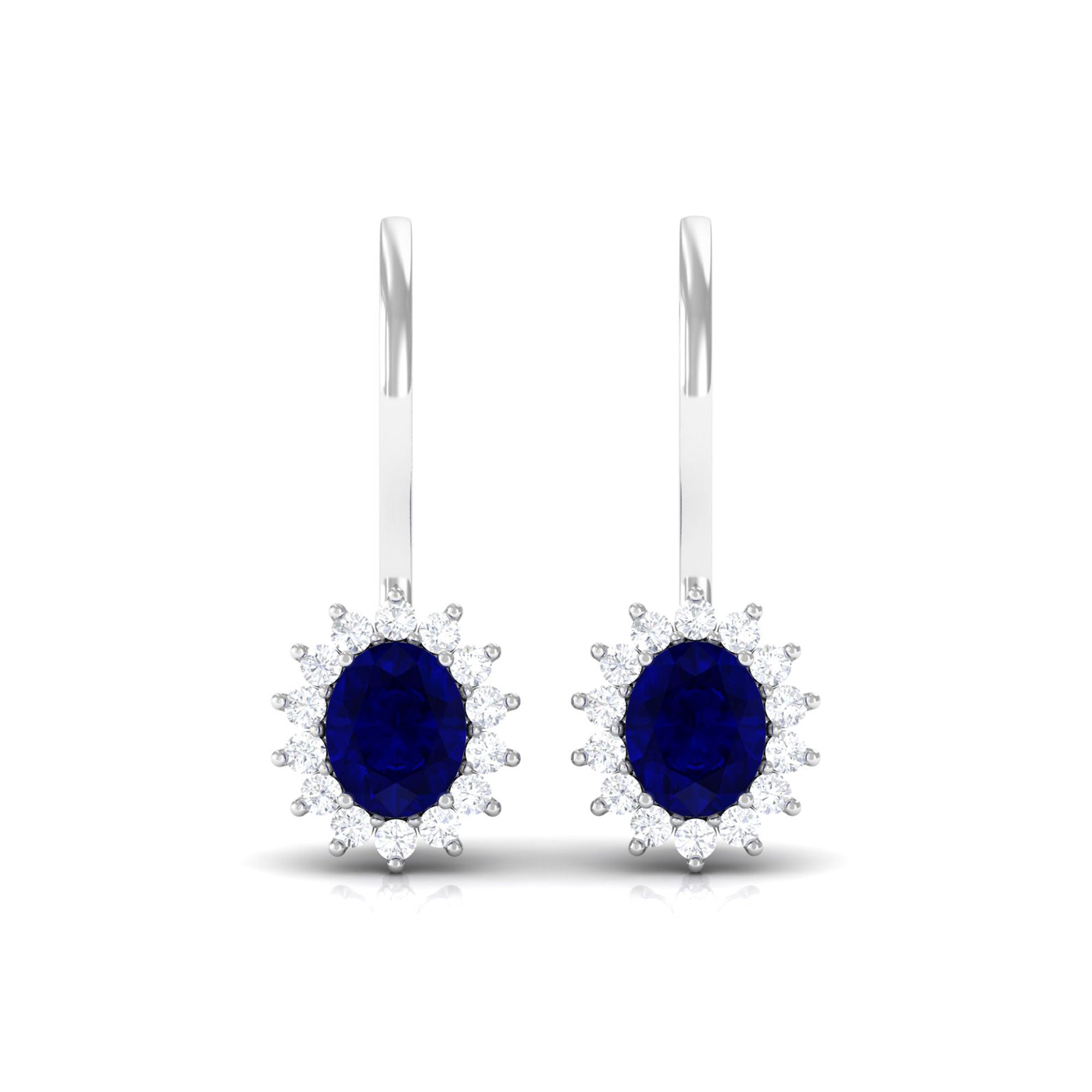 1.25 CT Oval Blue Sapphire Drop Earrings with Diamond Halo Blue Sapphire - ( AAA ) - Quality - Rosec Jewels