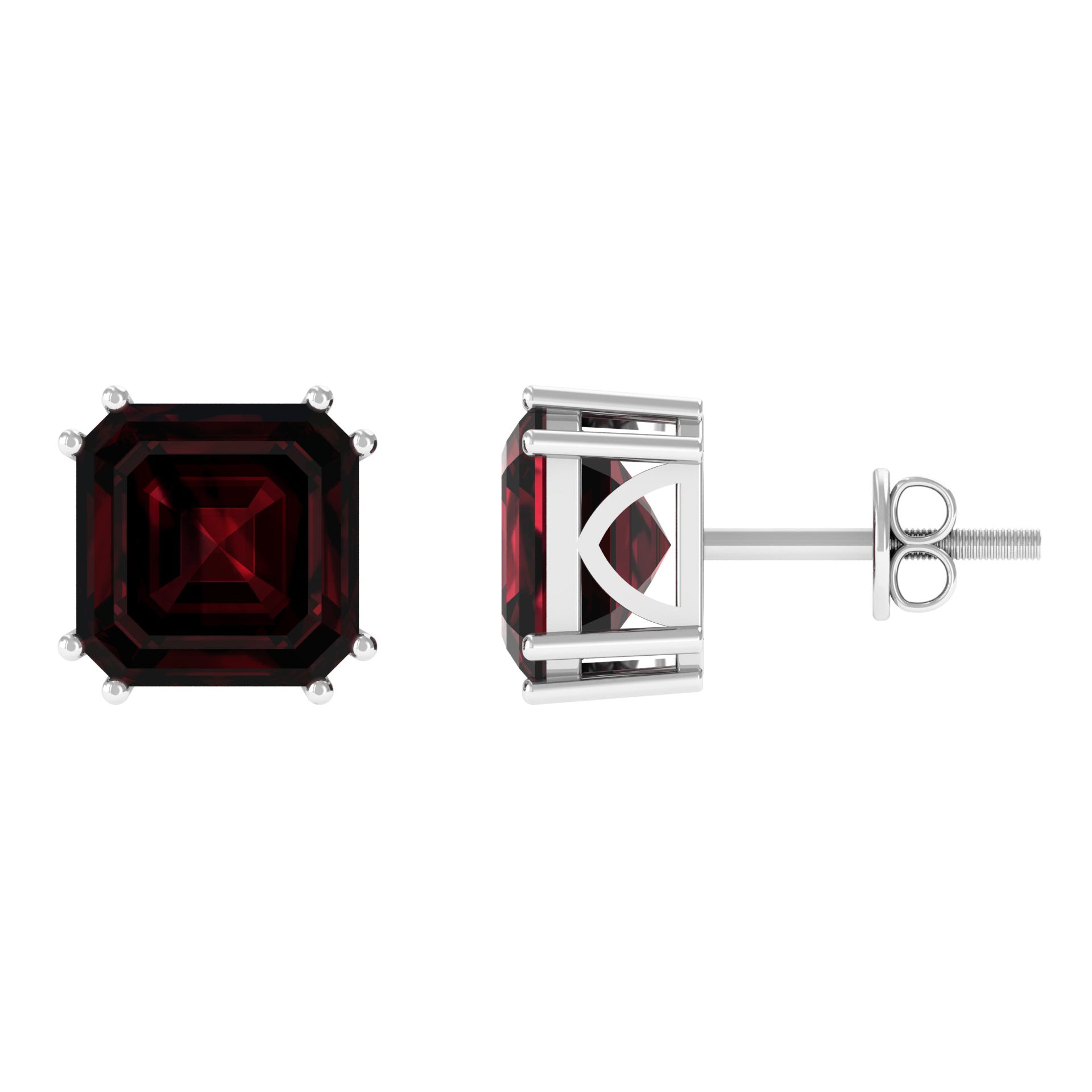 8 MM Asscher Cut Garnet Solitaire Stud Earrings in Double Prong Setting Garnet - ( AAA ) - Quality - Rosec Jewels