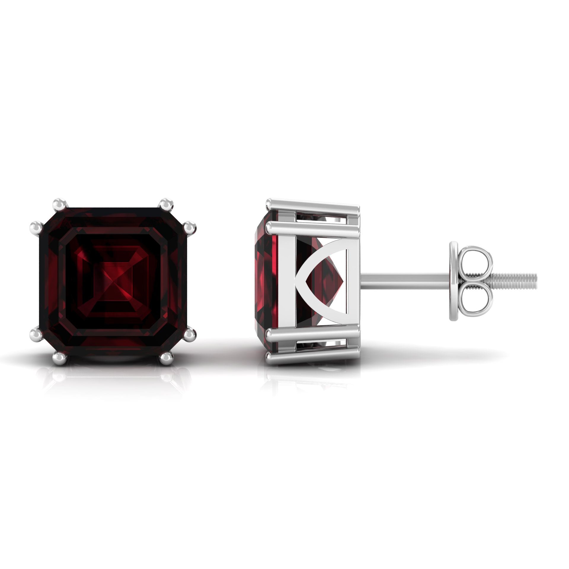 8 MM Asscher Cut Garnet Solitaire Stud Earrings in Double Prong Setting Garnet - ( AAA ) - Quality - Rosec Jewels