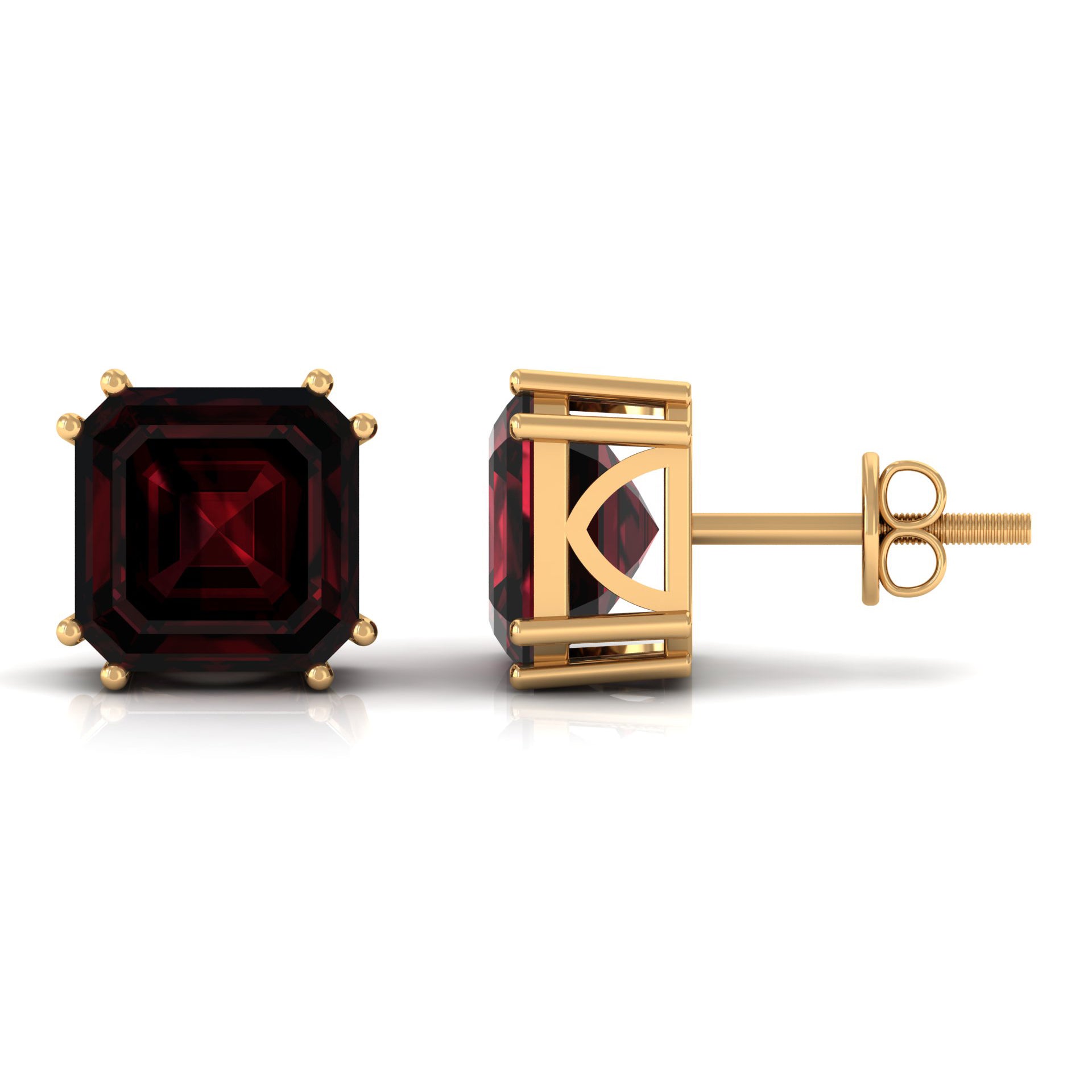 8 MM Asscher Cut Garnet Solitaire Stud Earrings in Double Prong Setting Garnet - ( AAA ) - Quality - Rosec Jewels