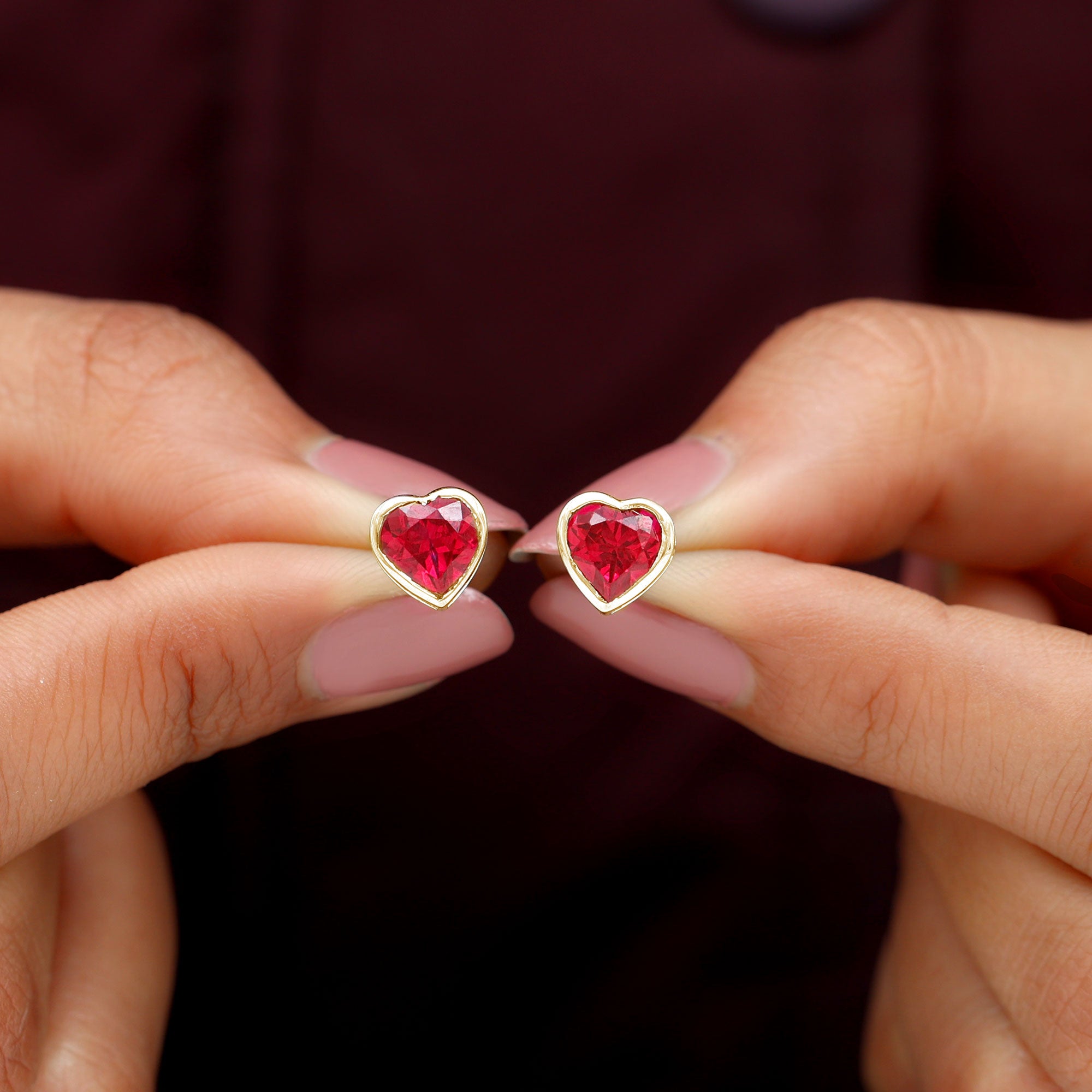 Lab Grown Ruby Heart Shape Stud Earrings Lab Created Ruby - ( AAAA ) - Quality - Rosec Jewels