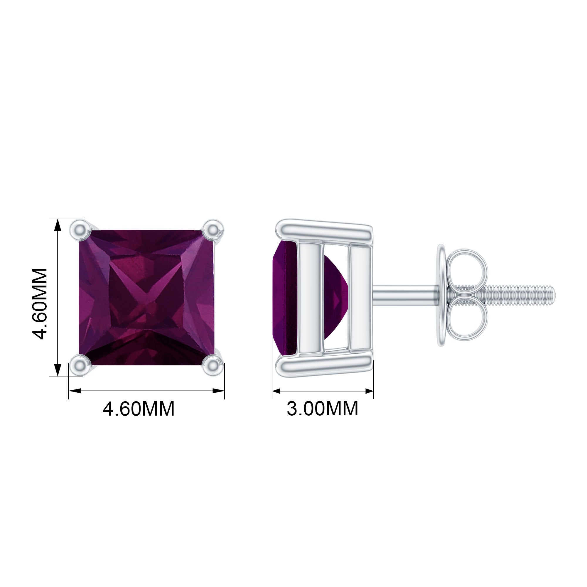 1.5 CT Princess Cut Rhodolite Solitaire Stud Earrings Rhodolite - ( AAA ) - Quality - Rosec Jewels