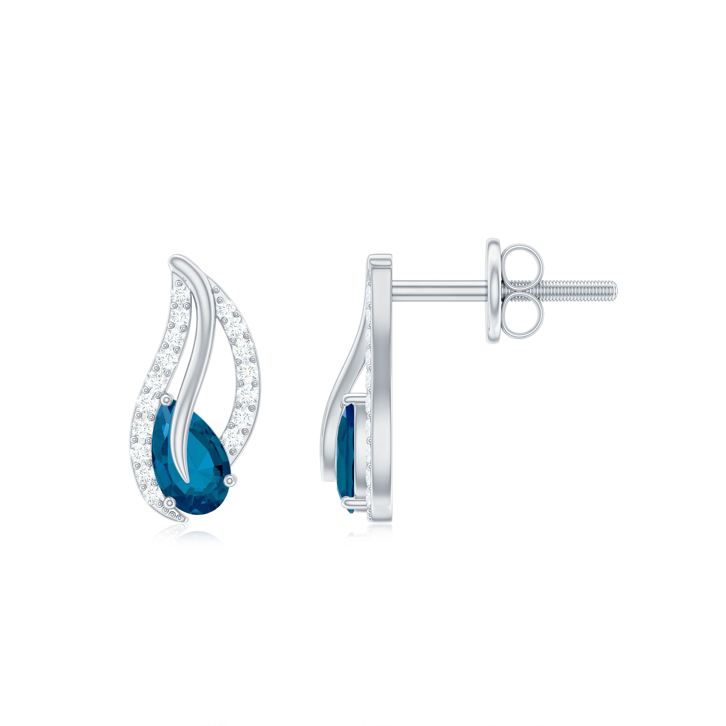 3/4 CT Pear Shape London Blue Topaz and Diamond Leaf Stud Earrings London Blue Topaz - ( AAA ) - Quality - Rosec Jewels