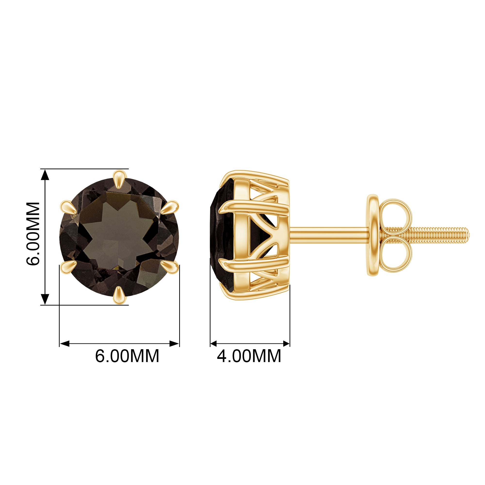 6 MM Smoky Quartz Solitaire Stud Earrings Smoky Quartz - ( AAA ) - Quality - Rosec Jewels