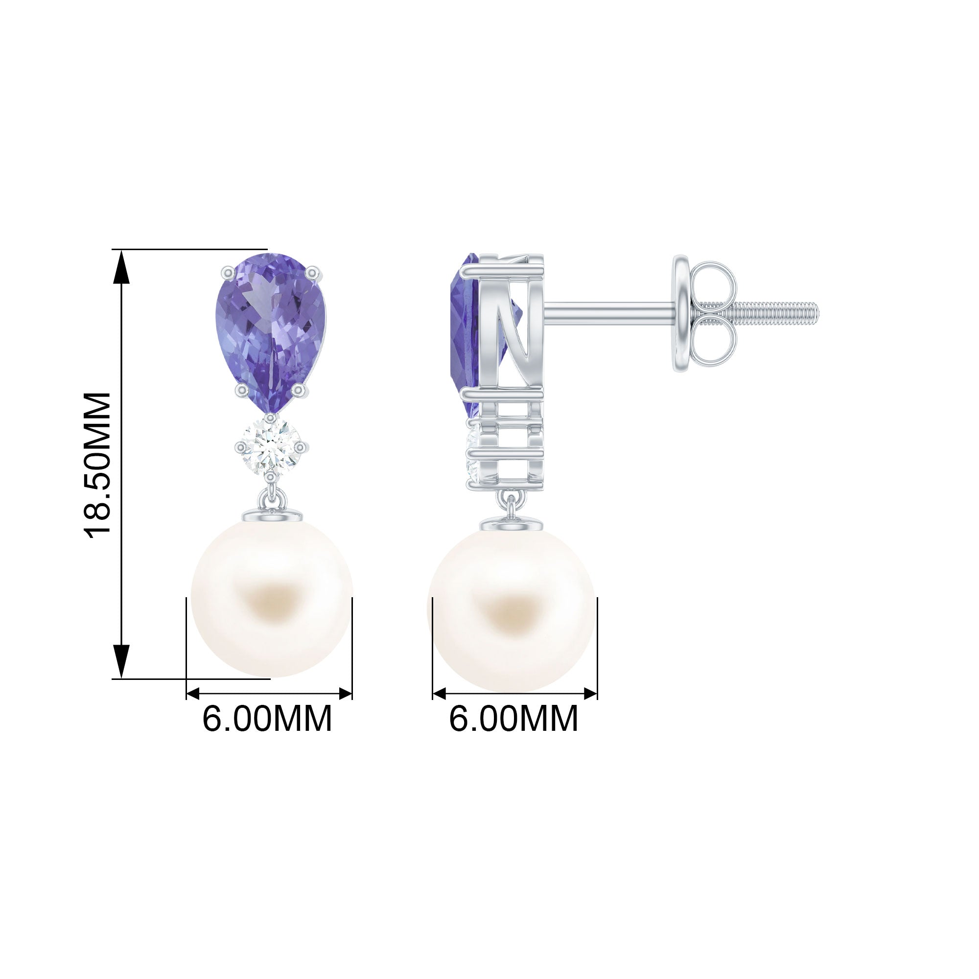 Freshwater Pearl Drop Earrings with Tanzanite Freshwater Pearl - ( AAA ) - Quality - Rosec Jewels