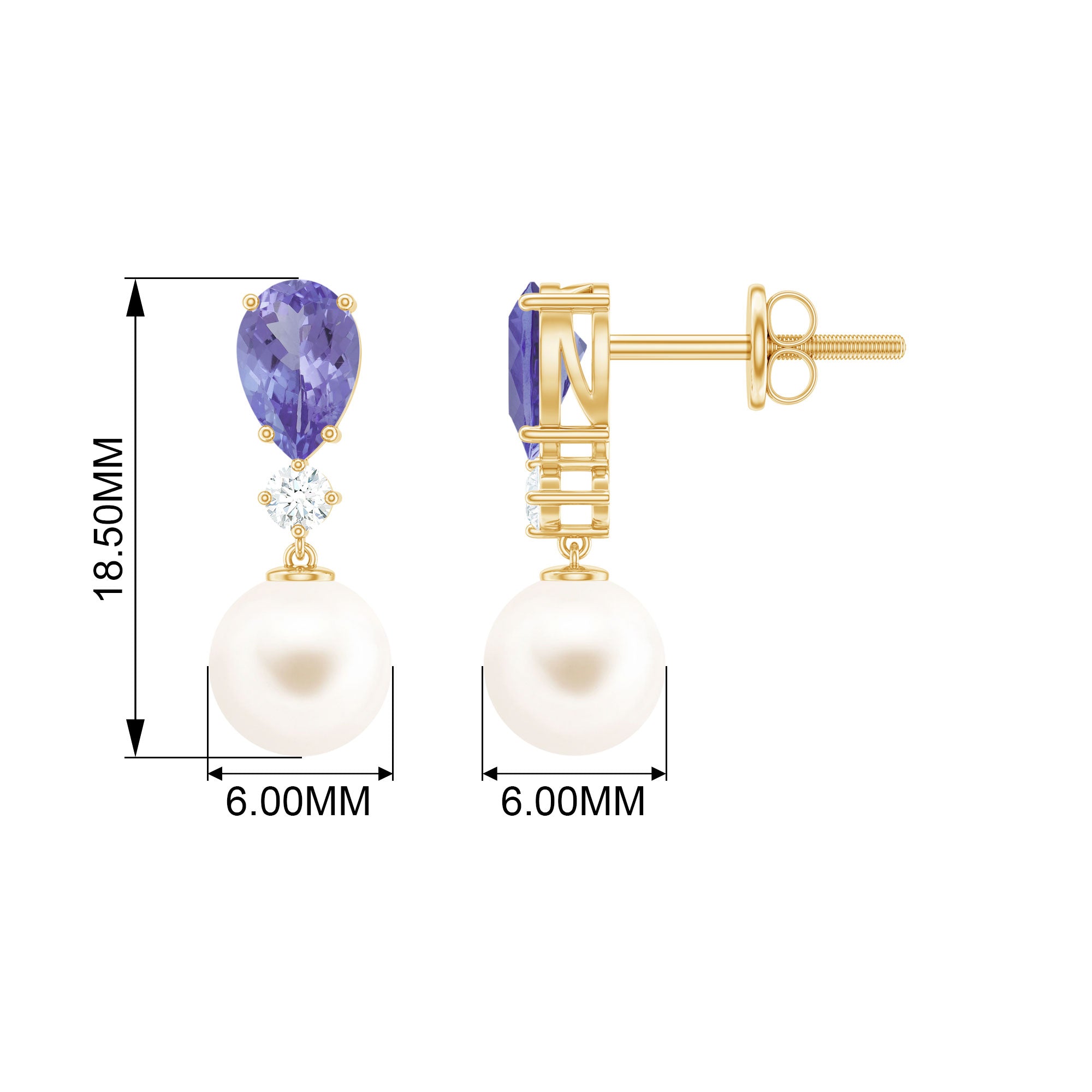 Freshwater Pearl Drop Earrings with Tanzanite Freshwater Pearl - ( AAA ) - Quality - Rosec Jewels