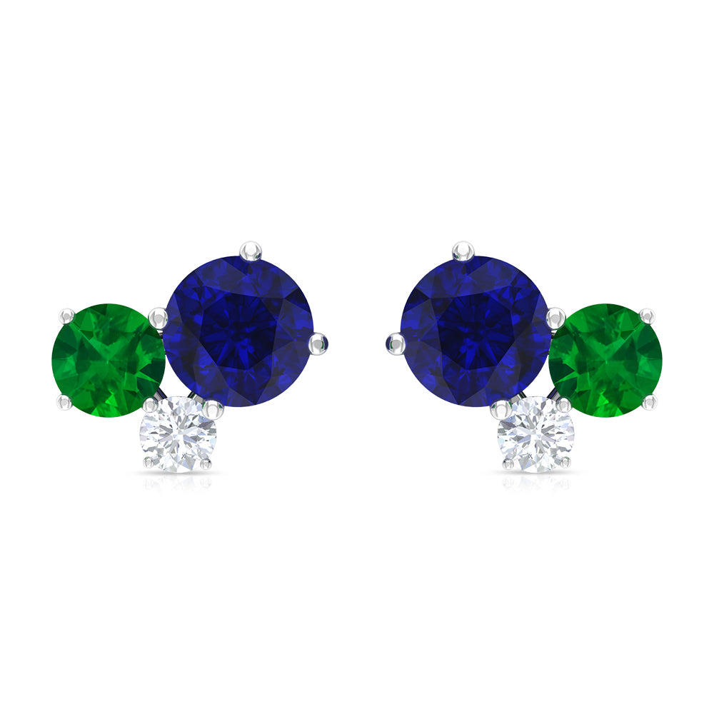 1 CT Blue Sapphire and Emerald Tiny Stud Earrings with Moissanite Blue Sapphire - ( AAA ) - Quality - Rosec Jewels