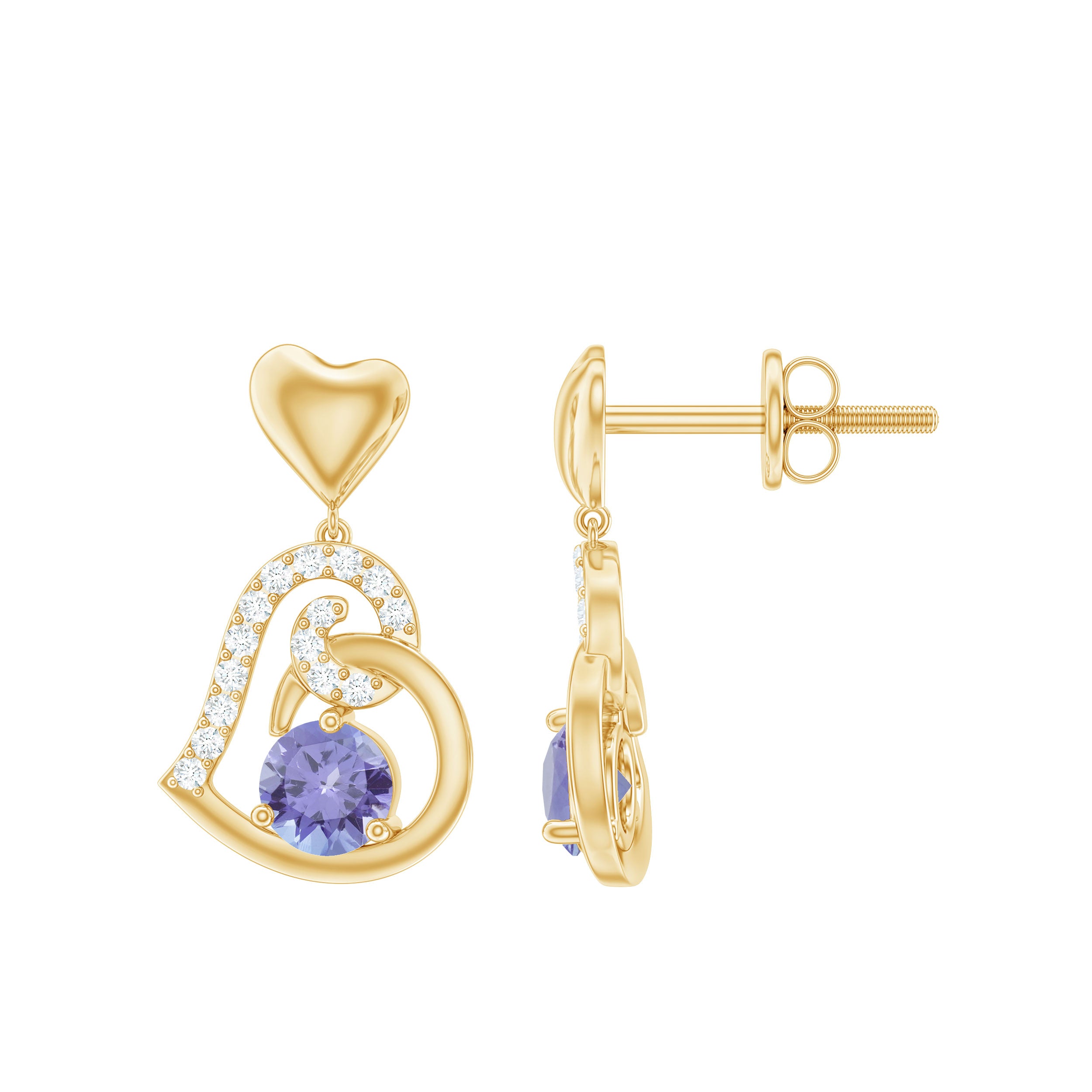 Heart Drop Earring with Tanzanite and Diamond Tanzanite - ( AAA ) - Quality - Rosec Jewels