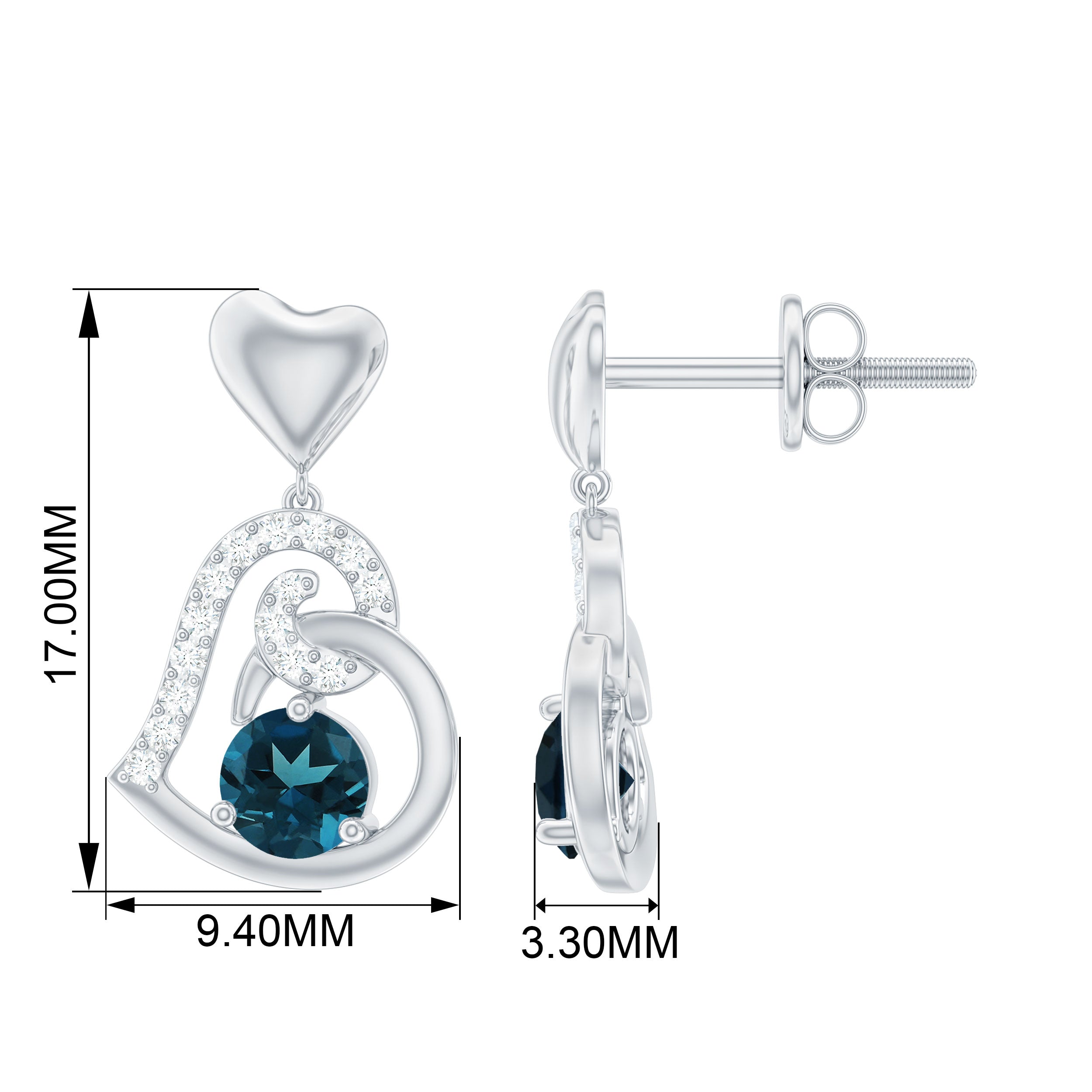 Round London Blue Topaz and Diamond Heart Drop Earring London Blue Topaz - ( AAA ) - Quality - Rosec Jewels