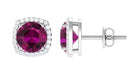 Round Shape Rhodolite and Diamond Halo Stud Earrings Rhodolite - ( AAA ) - Quality - Rosec Jewels