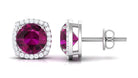 Round Shape Rhodolite and Diamond Halo Stud Earrings Rhodolite - ( AAA ) - Quality - Rosec Jewels