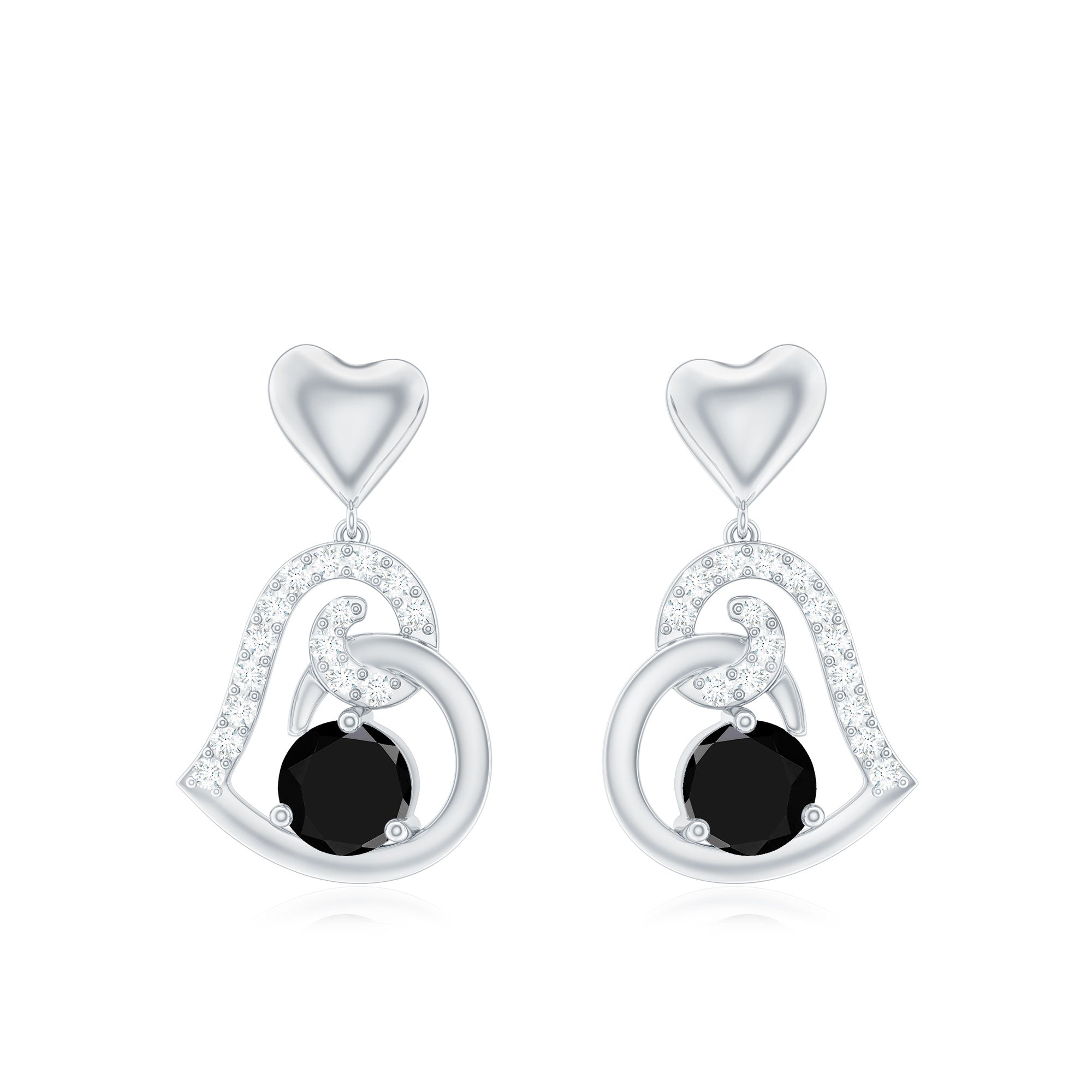 Round Created Black Diamond Heart Drop Earrings with Diamond Lab Created Black Diamond - ( AAAA ) - Quality - Rosec Jewels