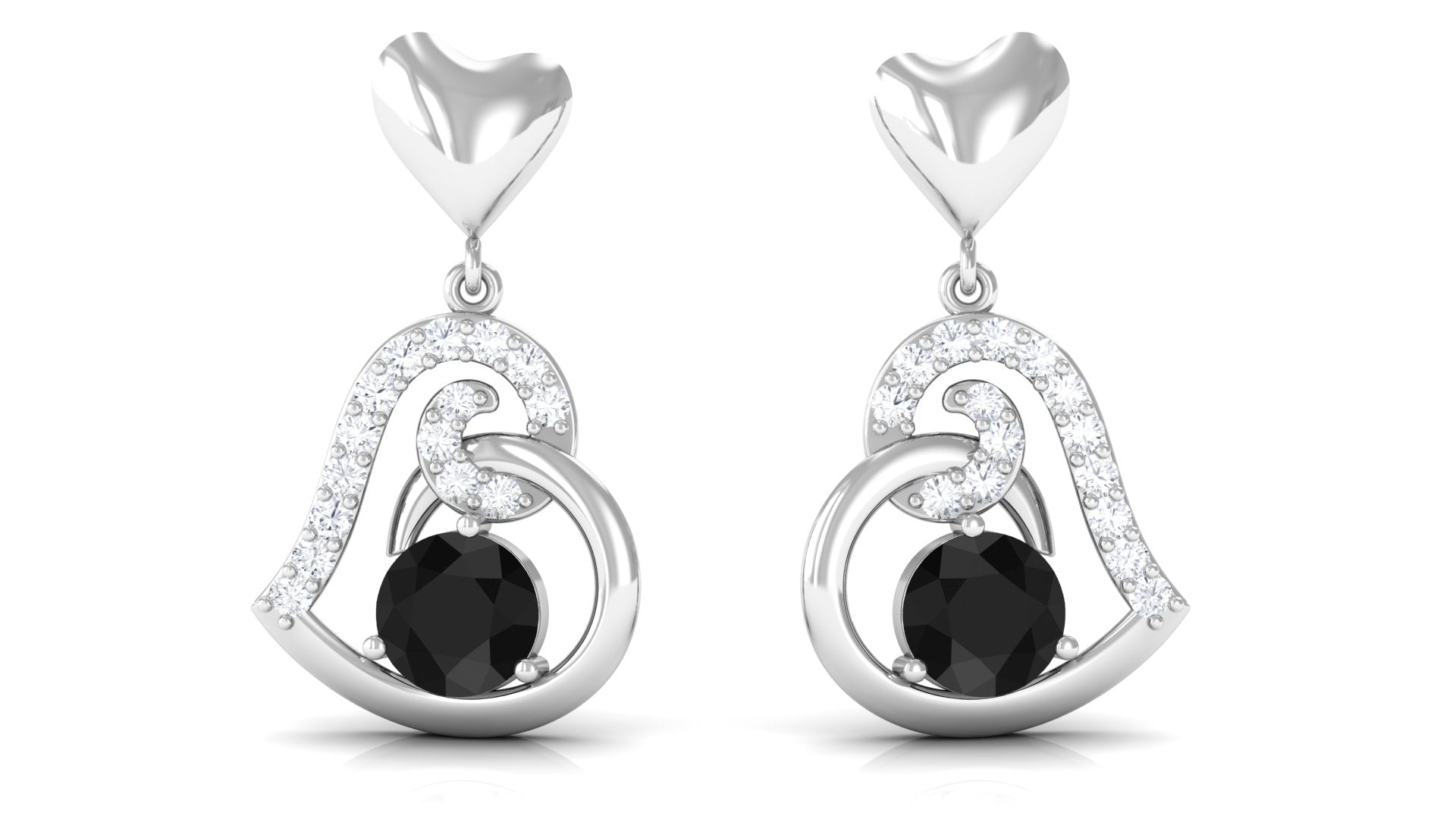 Round Created Black Diamond Heart Drop Earrings with Diamond Lab Created Black Diamond - ( AAAA ) - Quality - Rosec Jewels