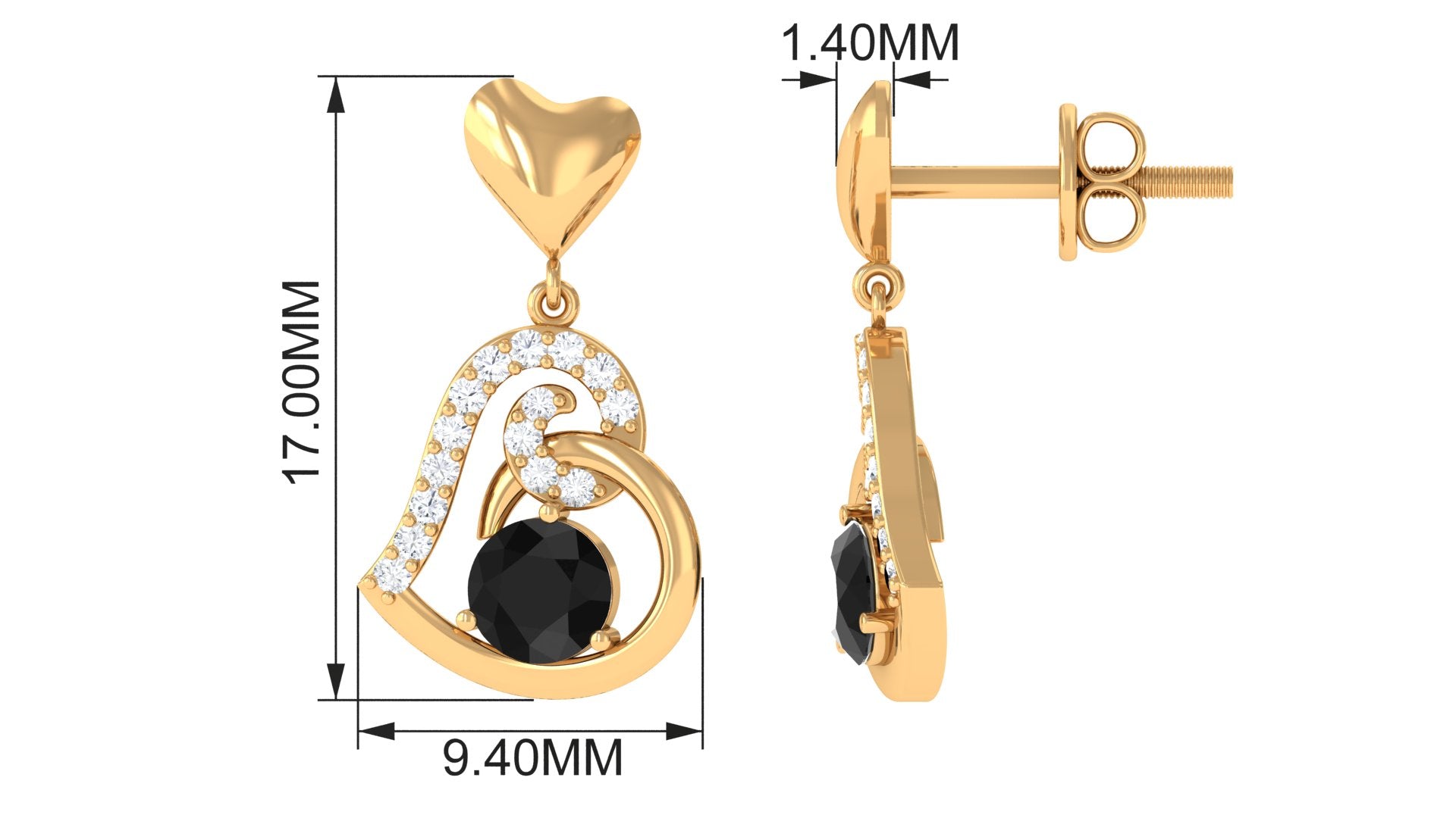 Round Created Black Diamond Heart Drop Earrings with Diamond Lab Created Black Diamond - ( AAAA ) - Quality - Rosec Jewels